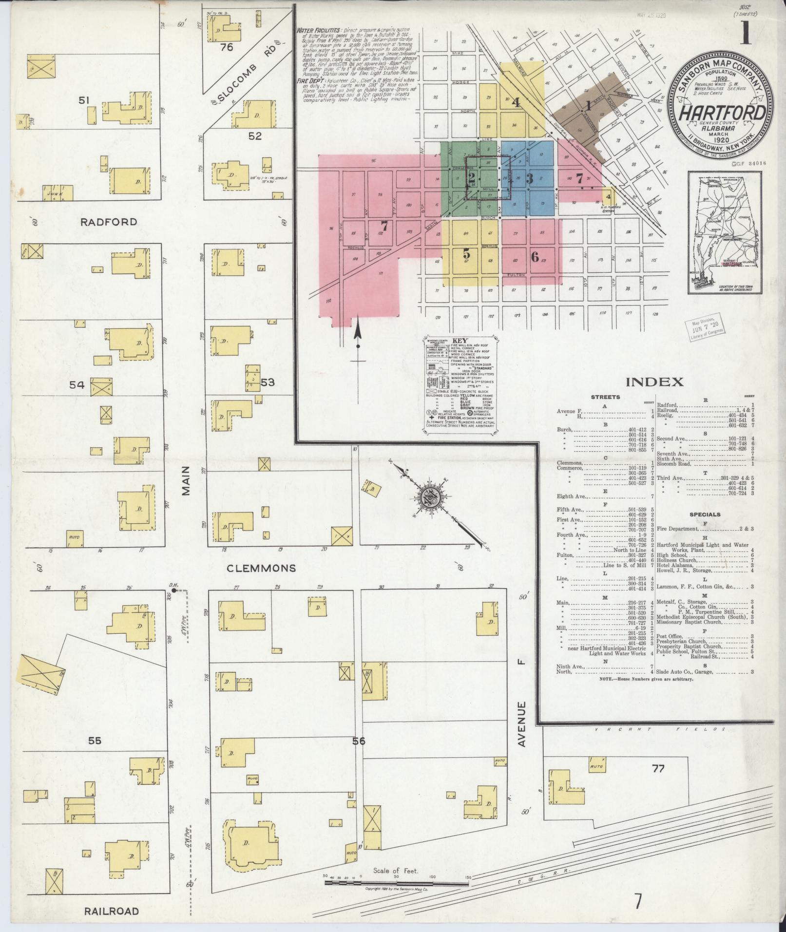 Sanborn Fire Insurance Map from Hartford, Geneva County, Alabama (1920), Sheet #0001 - Complete Map Set gallery image, historic Sanborn map, vintage wall art, Alabama Alabama