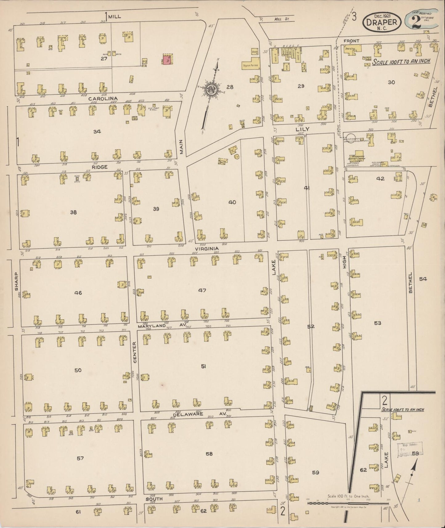 Sanborn Fire Insurance Map from Draper, Rockingham County, North Carolina (1921), Sheet #0002 - Complete Map Set gallery image, historic Sanborn map, vintage wall art, North Carolina North Carolina