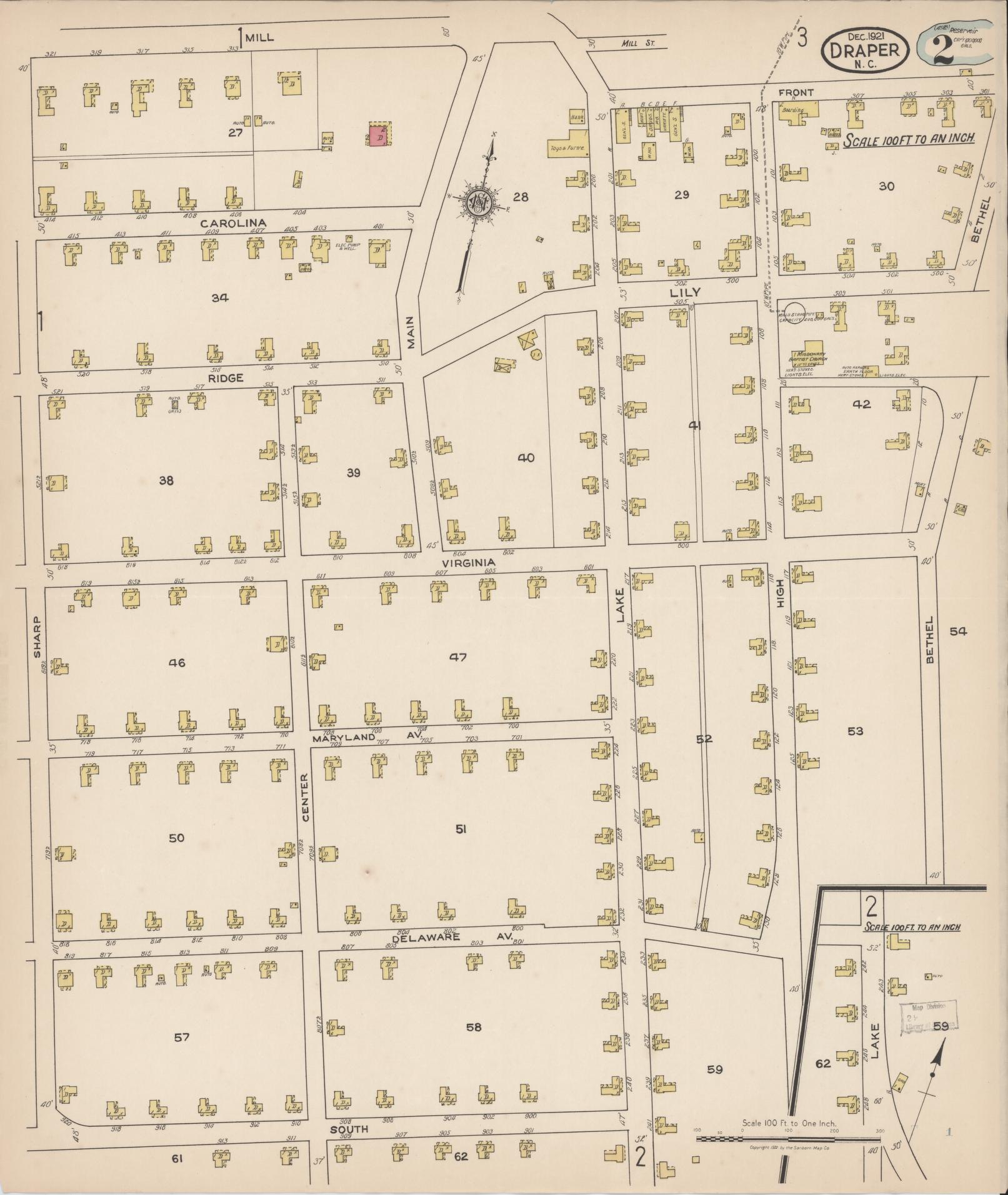 Sanborn Fire Insurance Map from Draper, Rockingham County, North Carolina (1921), Sheet #0002 - Complete Map Set gallery image, historic Sanborn map, vintage wall art, North Carolina North Carolina