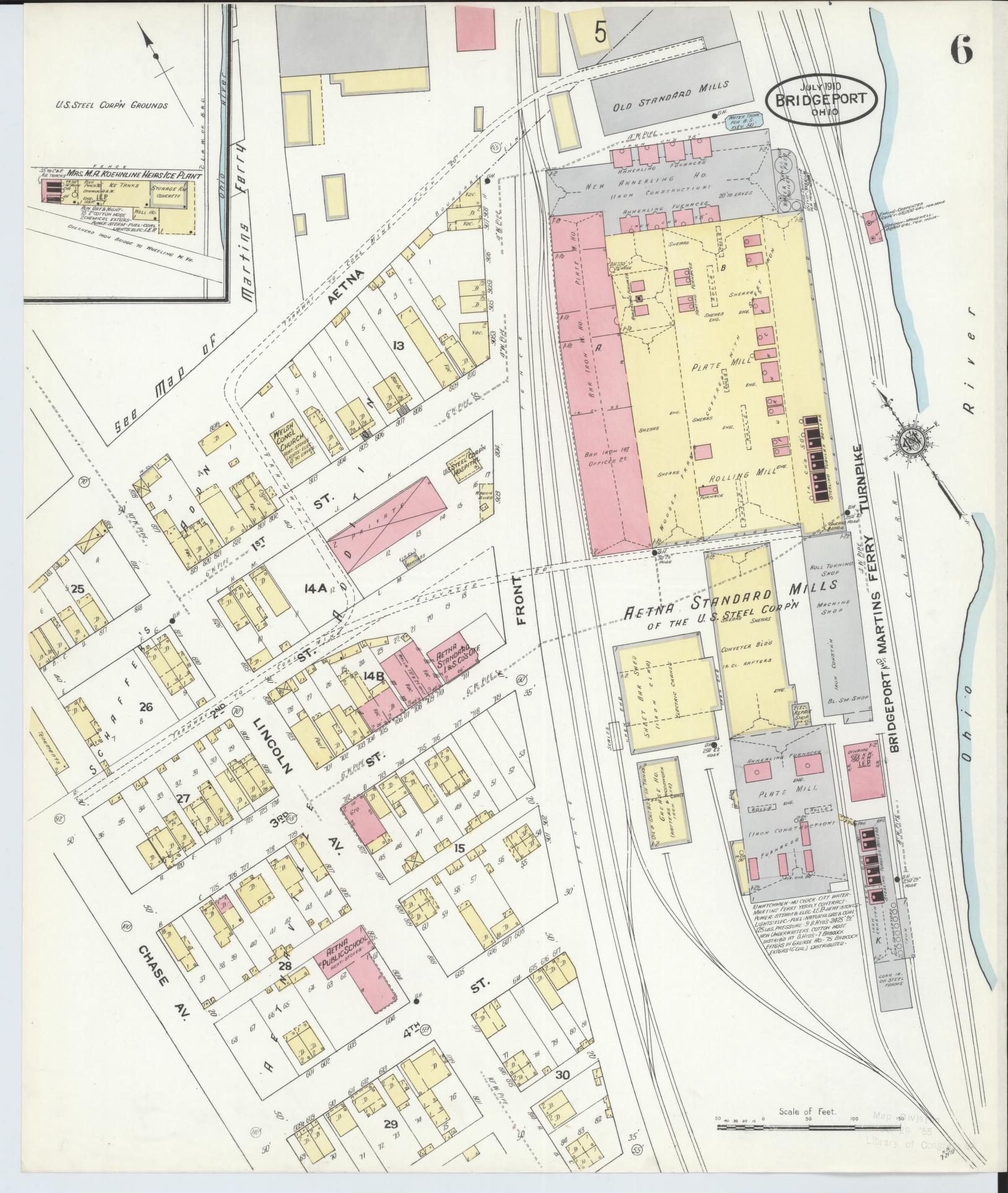 Sanborn Fire Insurance Map from Bridgeport, Belmont County, Ohio (1910), Sheet #0006 - Historic Sanborn Fire Insurance Map Print, vintage old map wall art, antique decor, genealogy gift, Ohio Ohio map
