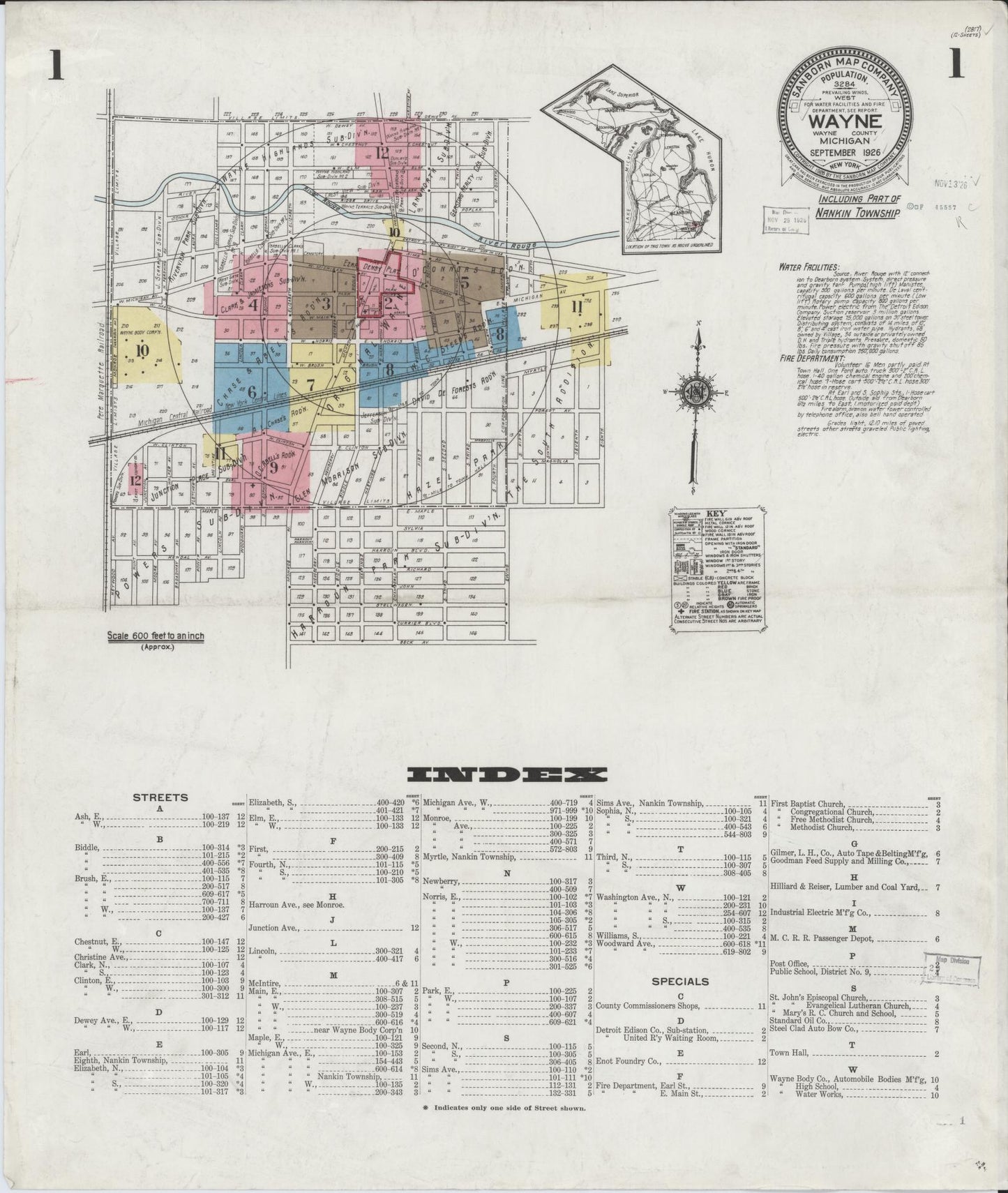 Sanborn Fire Insurance Map from Wayne, Wayne County, Michigan (1926), Sheet #0001 - Complete Map Set gallery image, historic Sanborn map, vintage wall art, Michigan Michigan