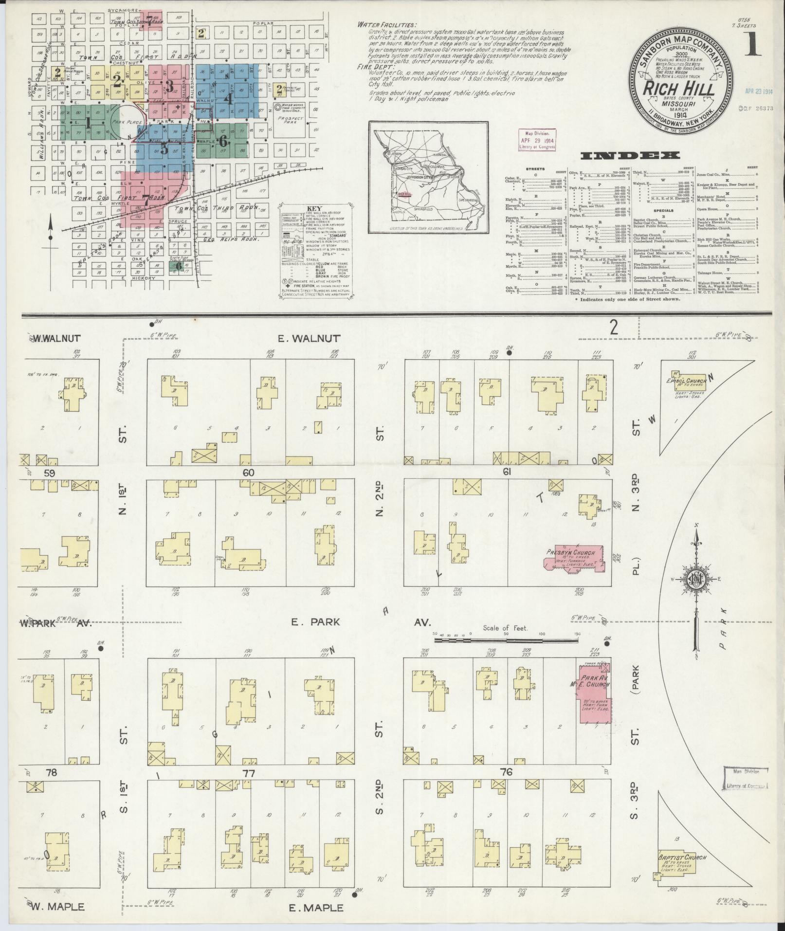 Sanborn Fire Insurance Map from Rich Hill, Bates County, Missouri (1914), Sheet #0001 - Historic Sanborn Fire Insurance Map Print, vintage old map wall art, antique decor, genealogy gift, Missouri Missouri map