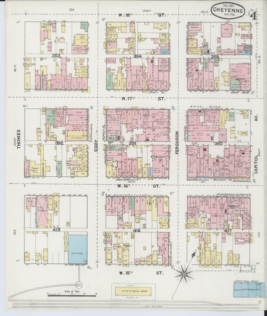 Sanborn Fire Insurance Map from Cheyenne, Laramie County, Wyoming (1890), Sheet #0004 - Historic Sanborn Fire Insurance Map Print, vintage old map wall art, antique decor, genealogy gift, Wyoming Wyoming map
