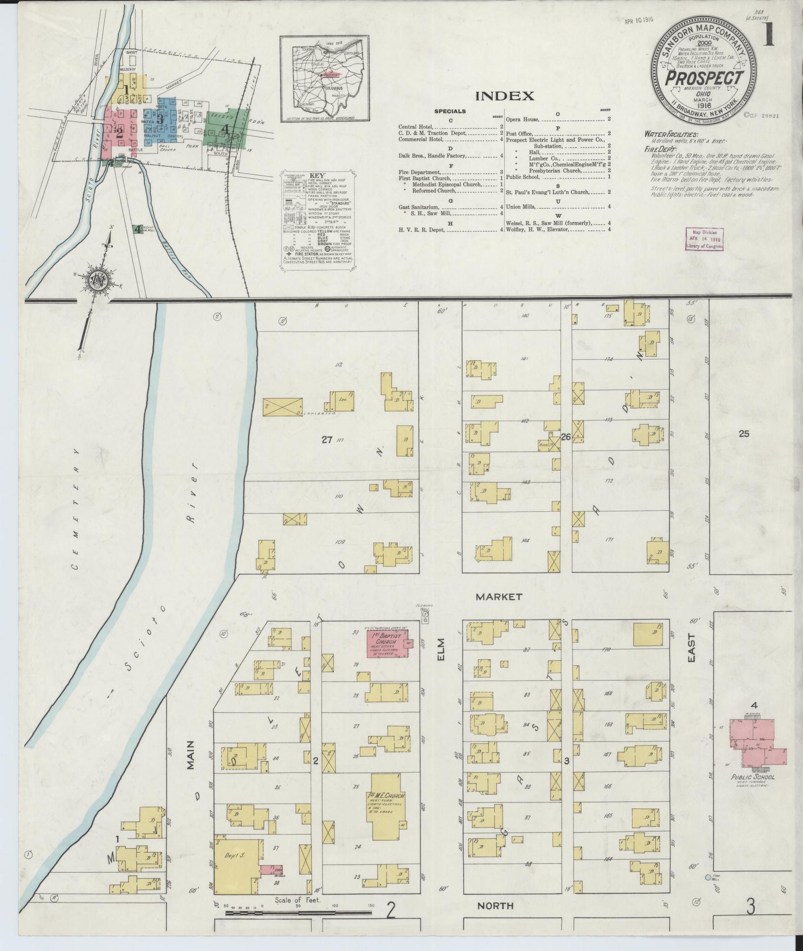Sanborn Fire Insurance Map from Prospect, Marion County, Ohio (1916), Sheet #0001 - Historic Sanborn Fire Insurance Map Print, vintage old map wall art, antique decor, genealogy gift, Ohio Ohio map