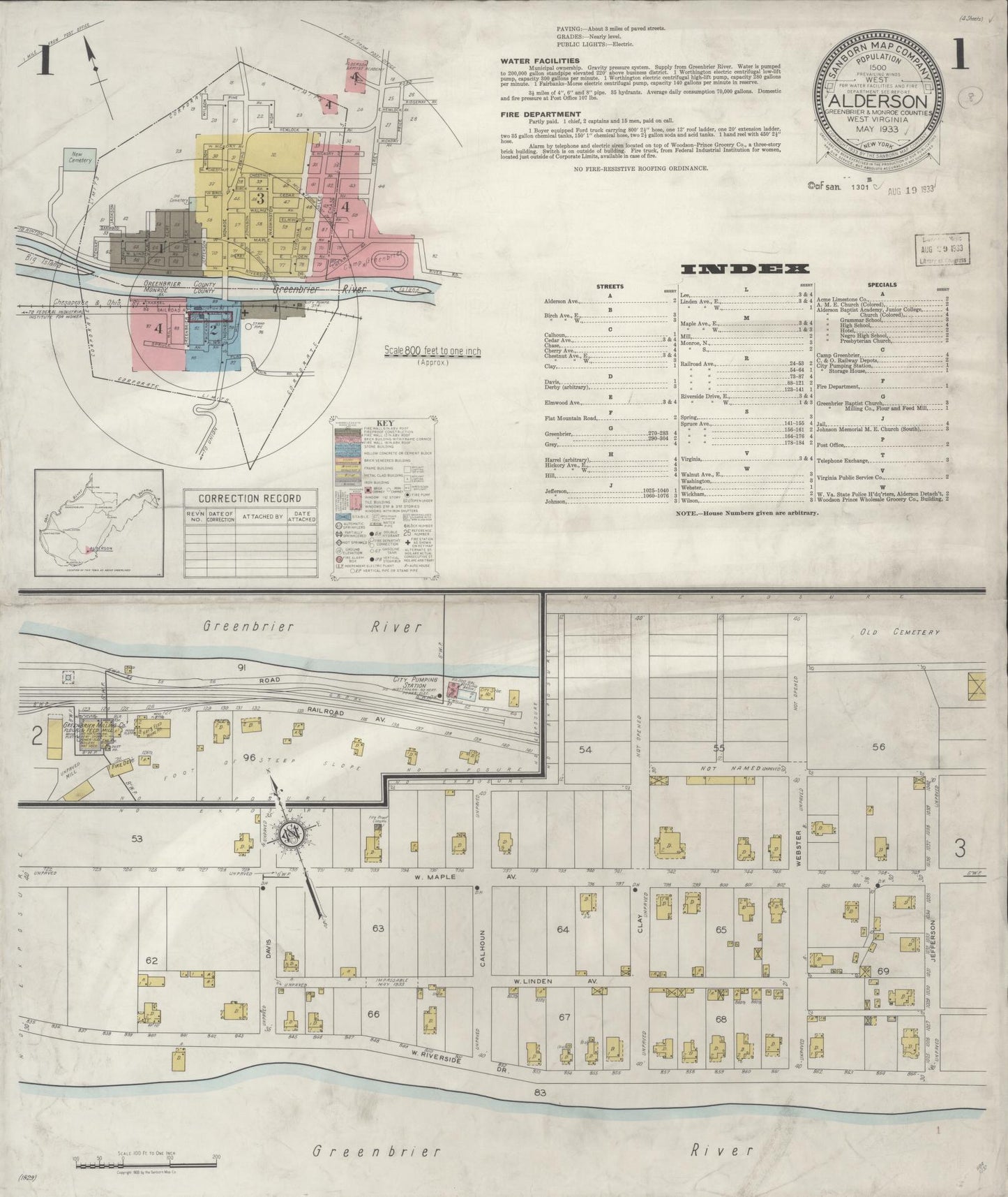 Sanborn Fire Insurance Map from Alderson, Greenbrier And Monroe Counties, West Virginia (1933), Sheet #0001 - Historic Sanborn Fire Insurance Map Print, vintage old map wall art, antique decor, genealogy gift, West Virginia West Virginia map