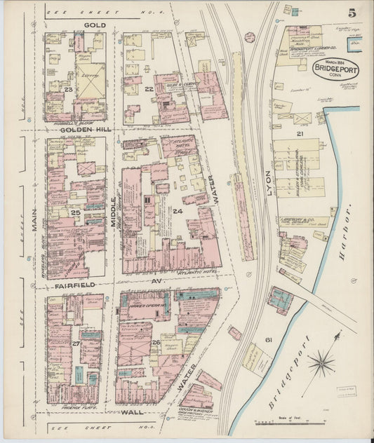 Sanborn Fire Insurance Map from Bridgeport, Fairfield County, Connecticut (1884), Sheet #0005 - Historic Sanborn Fire Insurance Map Print, vintage old map wall art, antique decor, genealogy gift, Connecticut Connecticut map