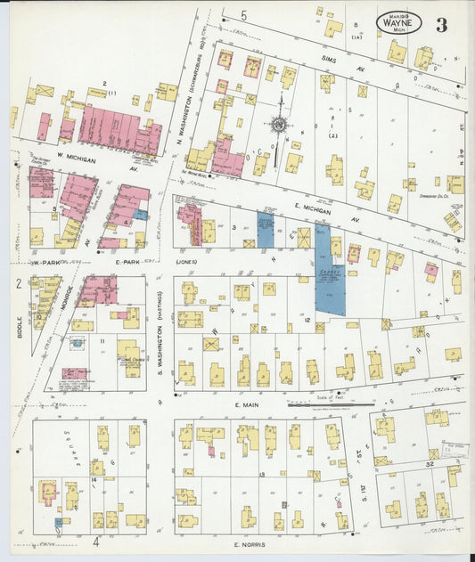 Sanborn Fire Insurance Map from Wayne, Wayne County, Michigan (1919), Sheet #0003 - Historic Sanborn Fire Insurance Map Print, vintage old map wall art, antique decor, genealogy gift, Michigan Michigan map