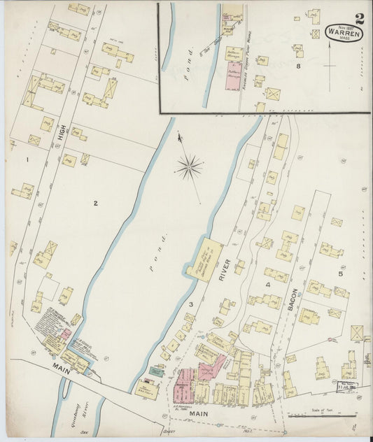 Sanborn Fire Insurance Map from Warren, Worcester County, Massachusetts (1887), Sheet #0002 - Historic Sanborn Fire Insurance Map Print, vintage old map wall art, antique decor, genealogy gift, Massachusetts Massachusetts map