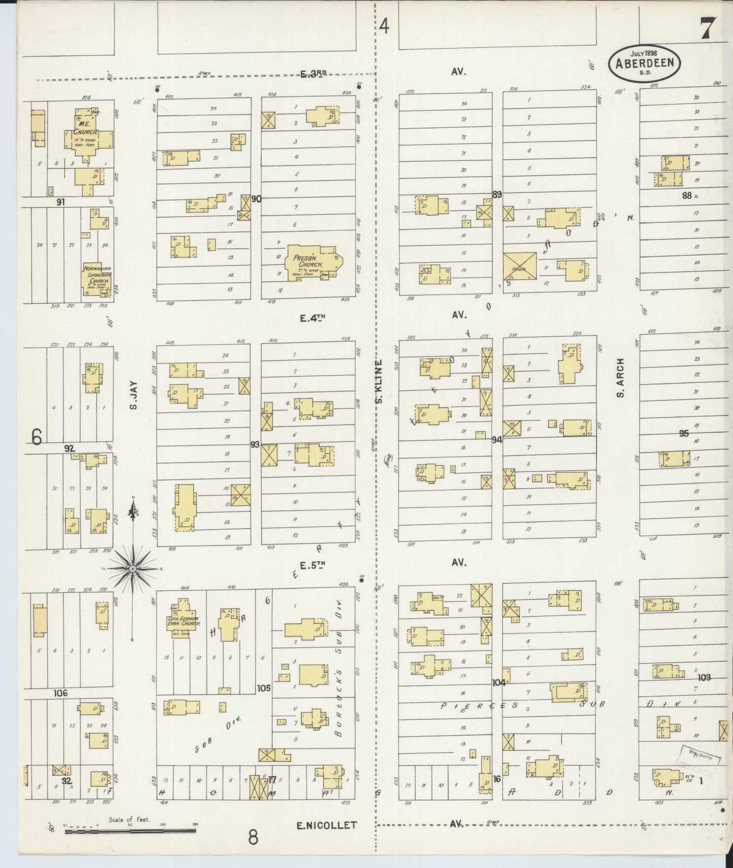Sanborn Fire Insurance Map from Aberdeen, Brown County, South Dakota (1898), Sheet #0007 - Complete Map Set gallery image, historic Sanborn map, vintage wall art, South Dakota South Dakota