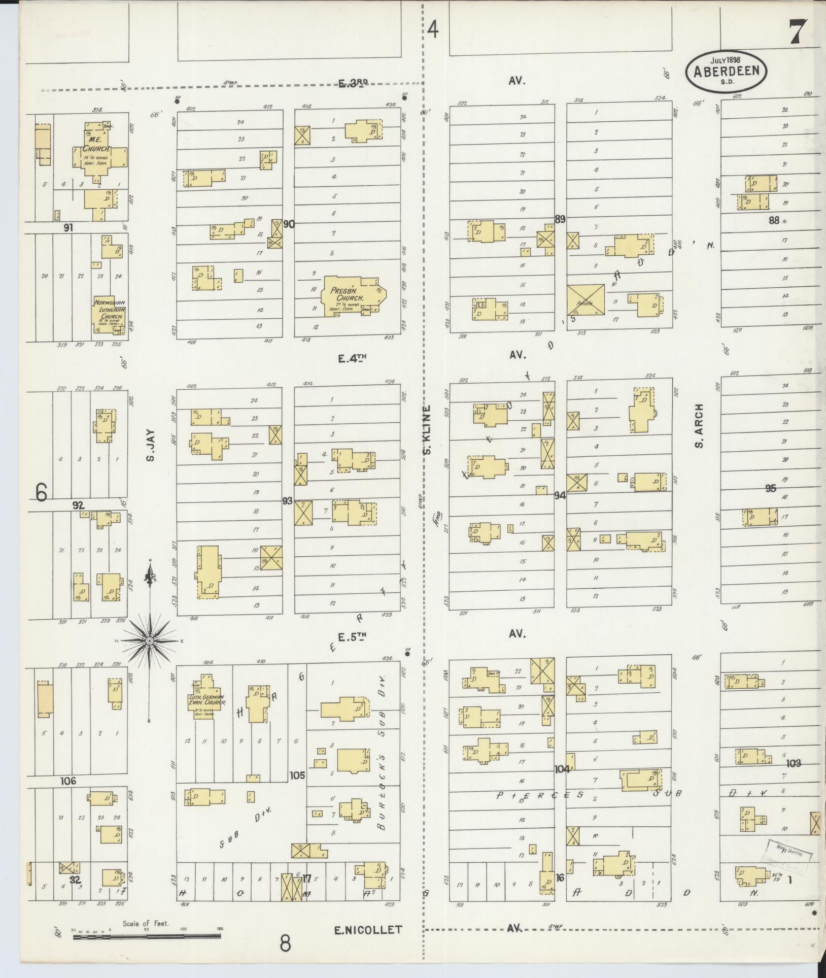 Sanborn Fire Insurance Map from Aberdeen, Brown County, South Dakota (1898), Sheet #0007 - Complete Map Set gallery image, historic Sanborn map, vintage wall art, South Dakota South Dakota