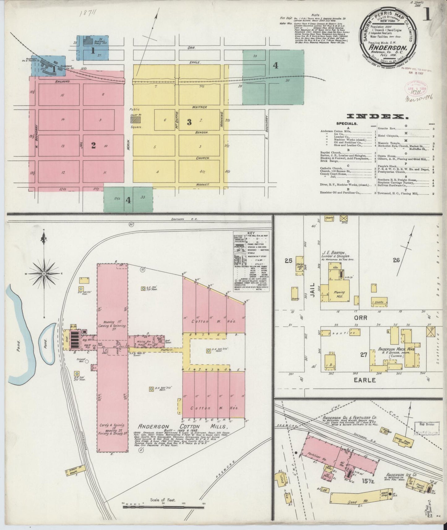 Sanborn Fire Insurance Map from Anderson, Anderson County, South Carolina (1896), Sheet #0001 - Historic Sanborn Fire Insurance Map Print, vintage old map wall art, antique decor, genealogy gift, South Carolina South Carolina map