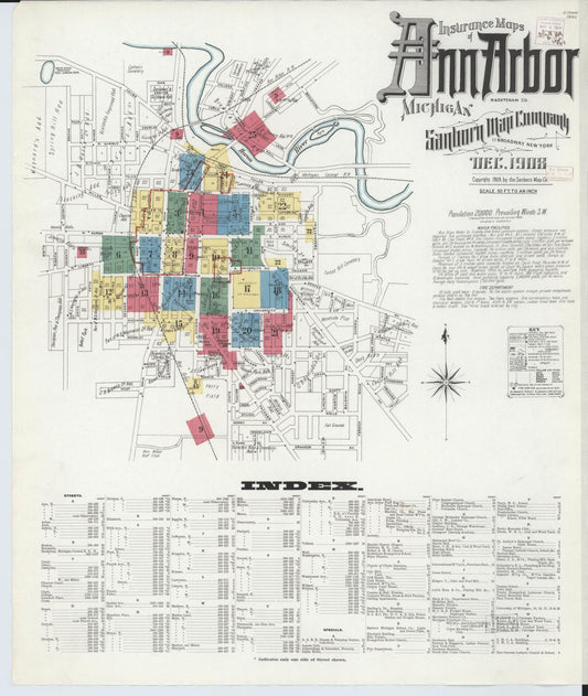 Sanborn Fire Insurance Map from Ann Arbor, Washtenaw County, Michigan (1908), Sheet #0001 - Historic Sanborn Fire Insurance Map Print, vintage old map wall art, antique decor, genealogy gift, Michigan Michigan map
