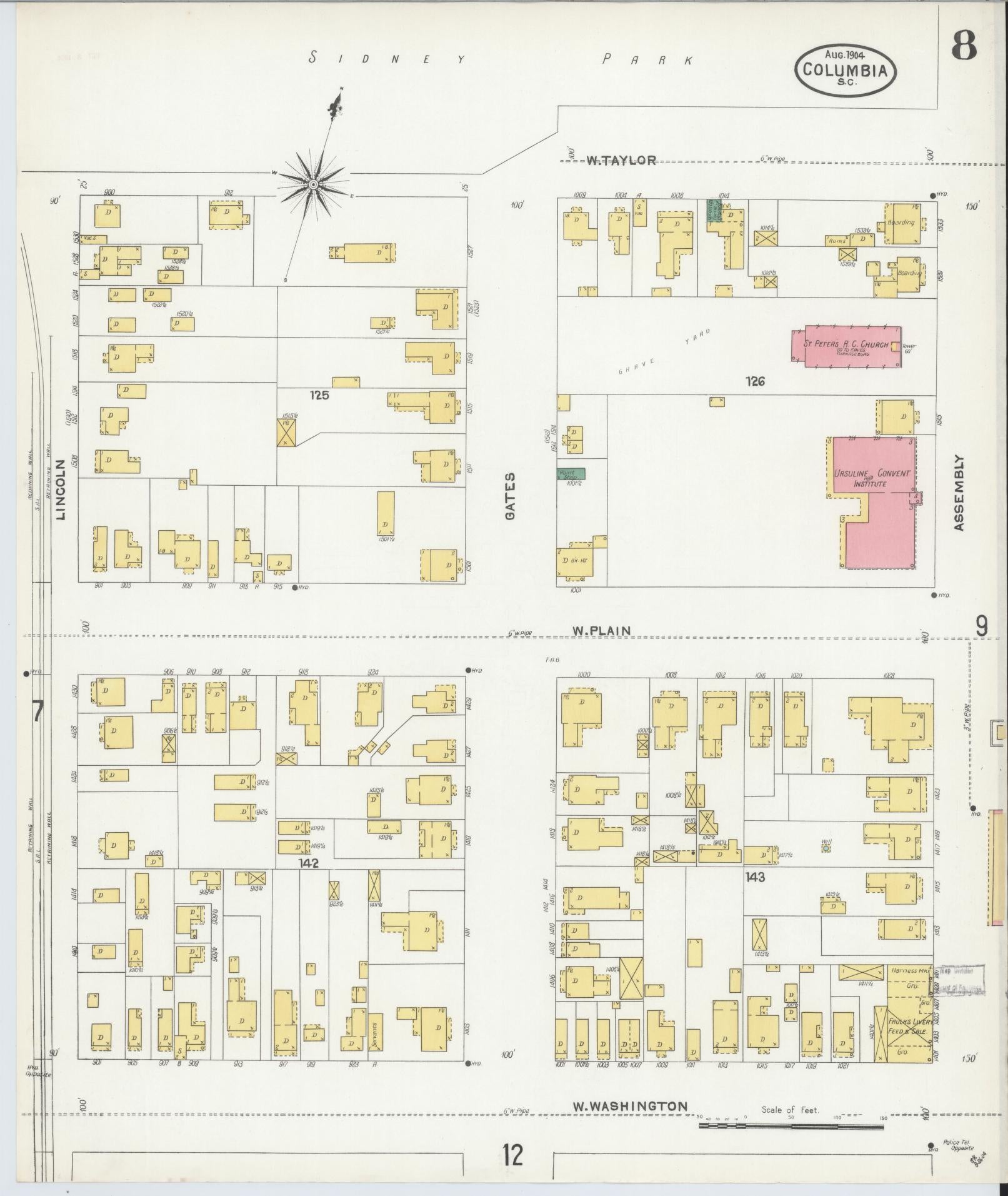 Sanborn Fire Insurance Map from Columbia, Richland County, South Carolina (1904), Sheet #0008 - Complete Map Set gallery image, historic Sanborn map, vintage wall art, South Carolina South Carolina