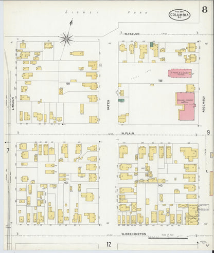 Sanborn Fire Insurance Map from Columbia, Richland County, South Carolina (1904), Sheet #0008 - Complete Map Set gallery image, historic Sanborn map, vintage wall art, South Carolina South Carolina
