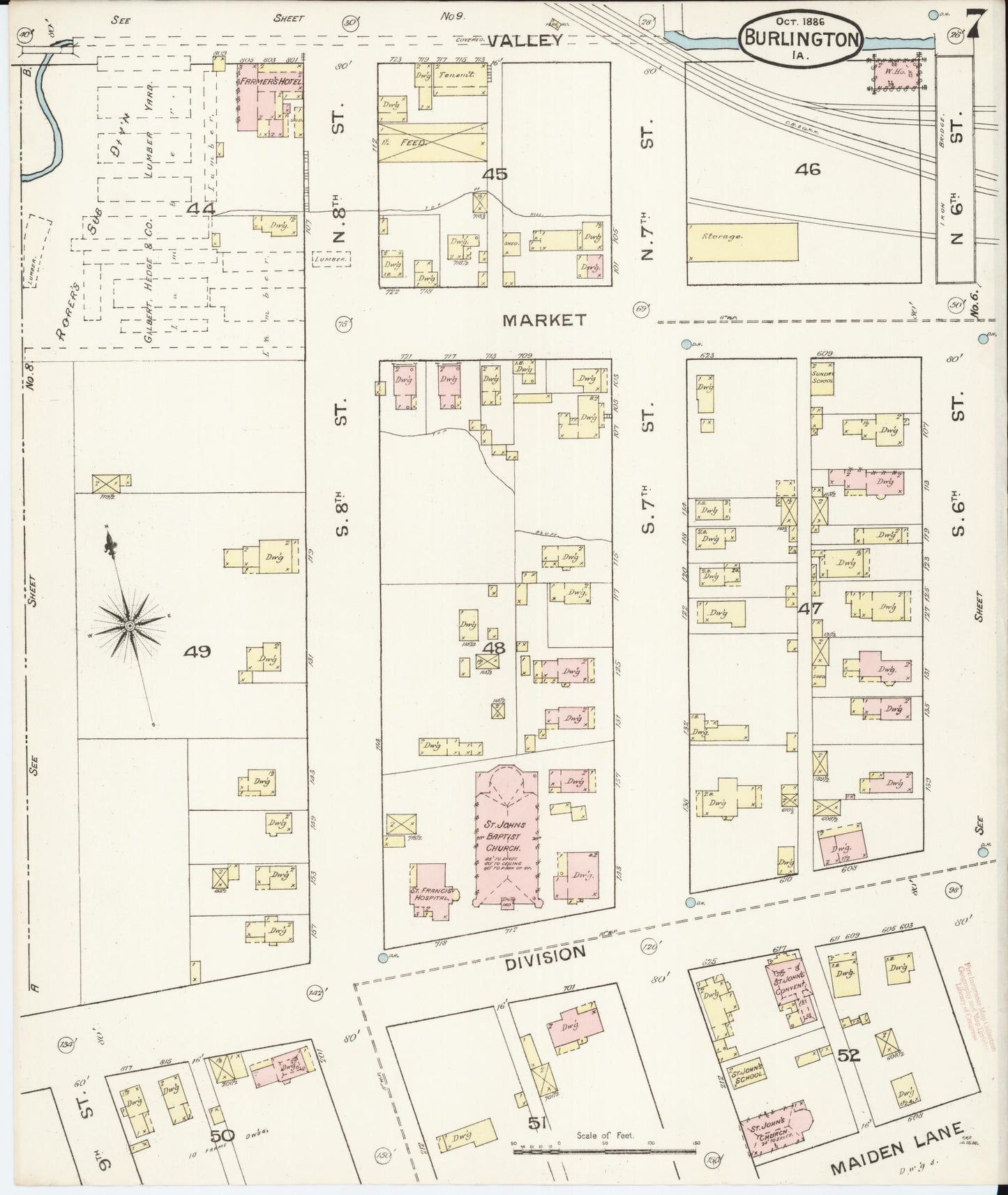 Sanborn Fire Insurance Map from Burlington, Des Moines County, Iowa (1888), Sheet #0007 - Historic Sanborn Fire Insurance Map Print, vintage old map wall art
