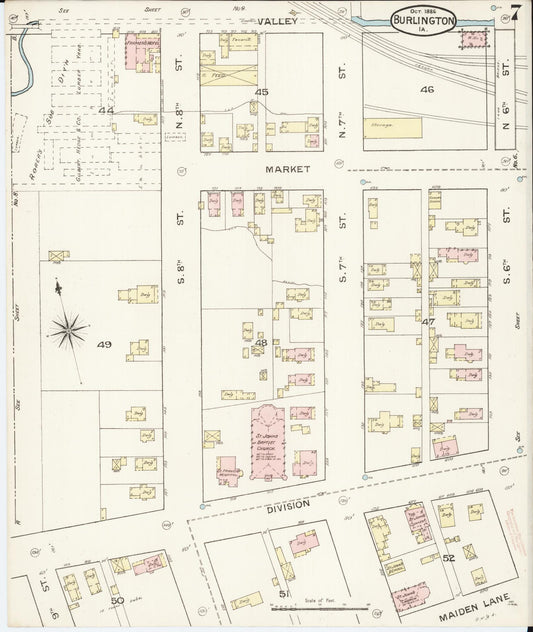 Sanborn Fire Insurance Map from Burlington, Des Moines County, Iowa (1888), Sheet #0007 - Historic Sanborn Fire Insurance Map Print, vintage old map wall art