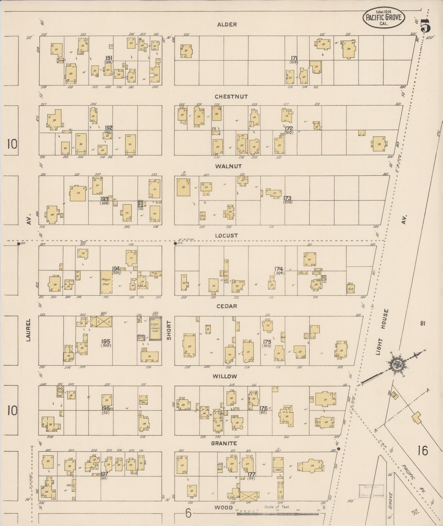 Sanborn Fire Insurance Map from Pacific Grove, Monterey County, California (1914), Sheet #0005 - Complete Map Set gallery image, historic Sanborn map, vintage wall art, California California
