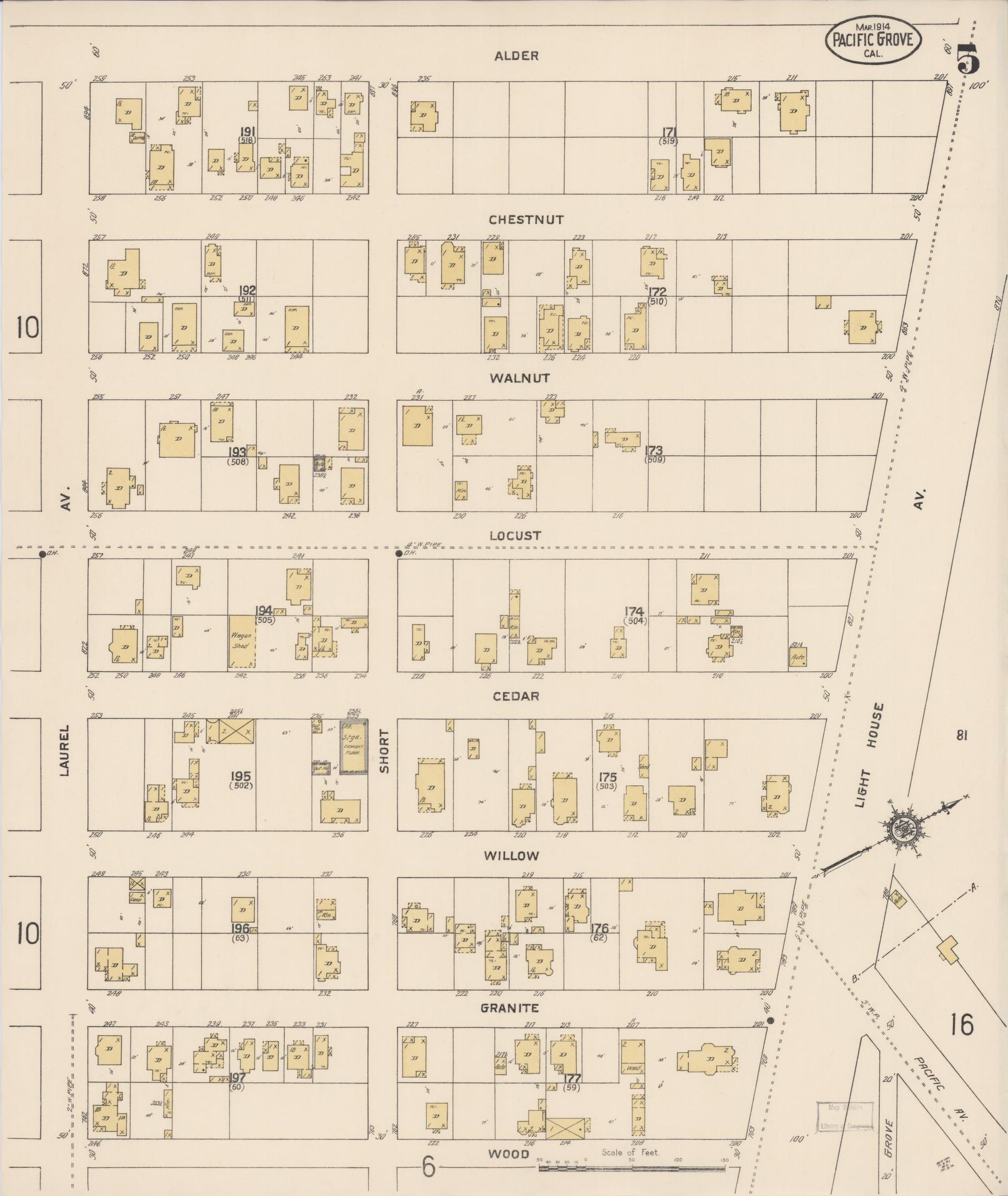 Sanborn Fire Insurance Map from Pacific Grove, Monterey County, California (1914), Sheet #0005 - Complete Map Set gallery image, historic Sanborn map, vintage wall art, California California