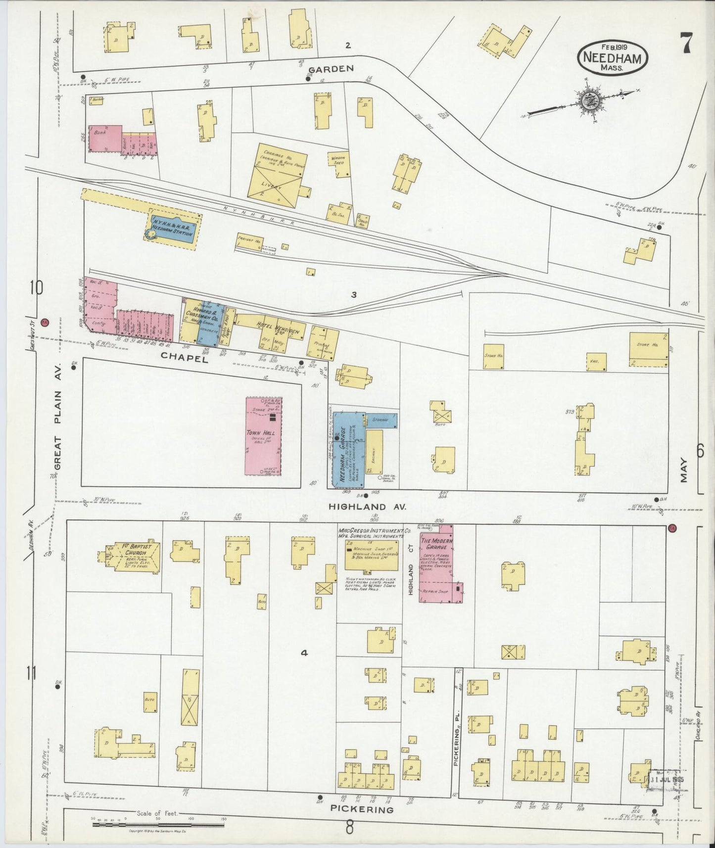Sanborn Fire Insurance Map from Needham, Norfolk County, Massachusetts (1919), Sheet #0007 - Complete Map Set gallery image, historic Sanborn map, vintage wall art, Massachusetts Massachusetts
