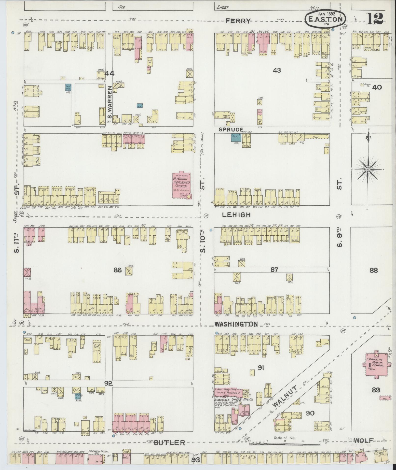 Sanborn Fire Insurance Map from Easton, Northampton County, Pennsylvania (1892), Sheet #0012 - Historic Sanborn Fire Insurance Map Print, vintage old map wall art, antique decor, genealogy gift, Pennsylvania Pennsylvania map