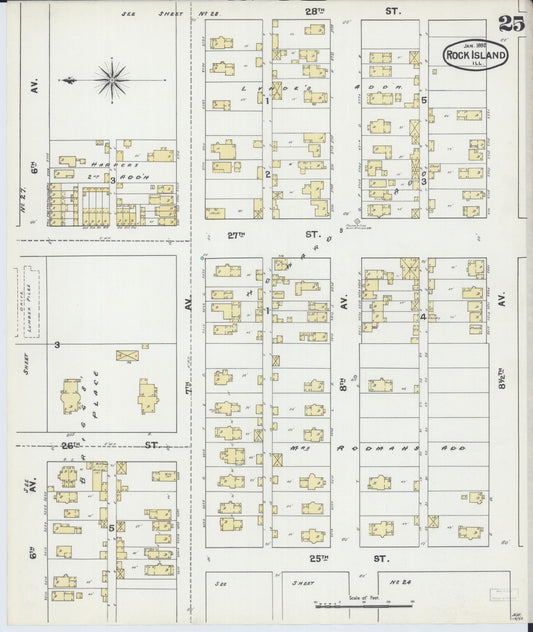 Sanborn Fire Insurance Map from Rock Island, Rock Island County, Illinois (1892), Sheet #0025 - Historic Sanborn Fire Insurance Map Print, vintage old map wall art, antique decor, genealogy gift, Illinois Illinois map