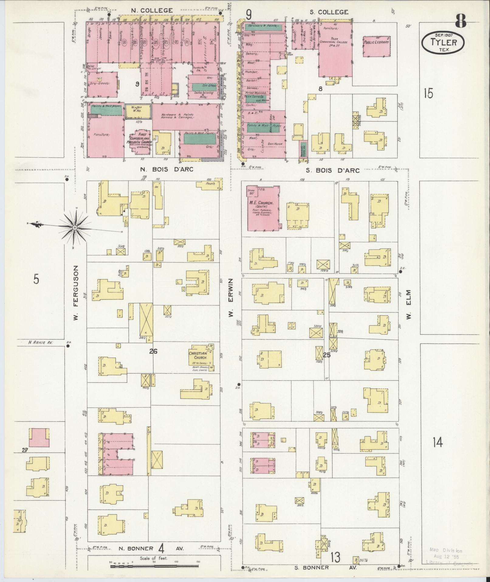 Sanborn Fire Insurance Map from Tyler, Smith County, Texas (1907), Sheet #0008 - Complete Map Set gallery image, historic Sanborn map, vintage wall art, Texas Texas
