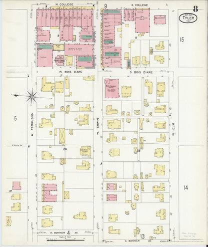 Sanborn Fire Insurance Map from Tyler, Smith County, Texas (1907), Sheet #0008 - Complete Map Set gallery image, historic Sanborn map, vintage wall art, Texas Texas