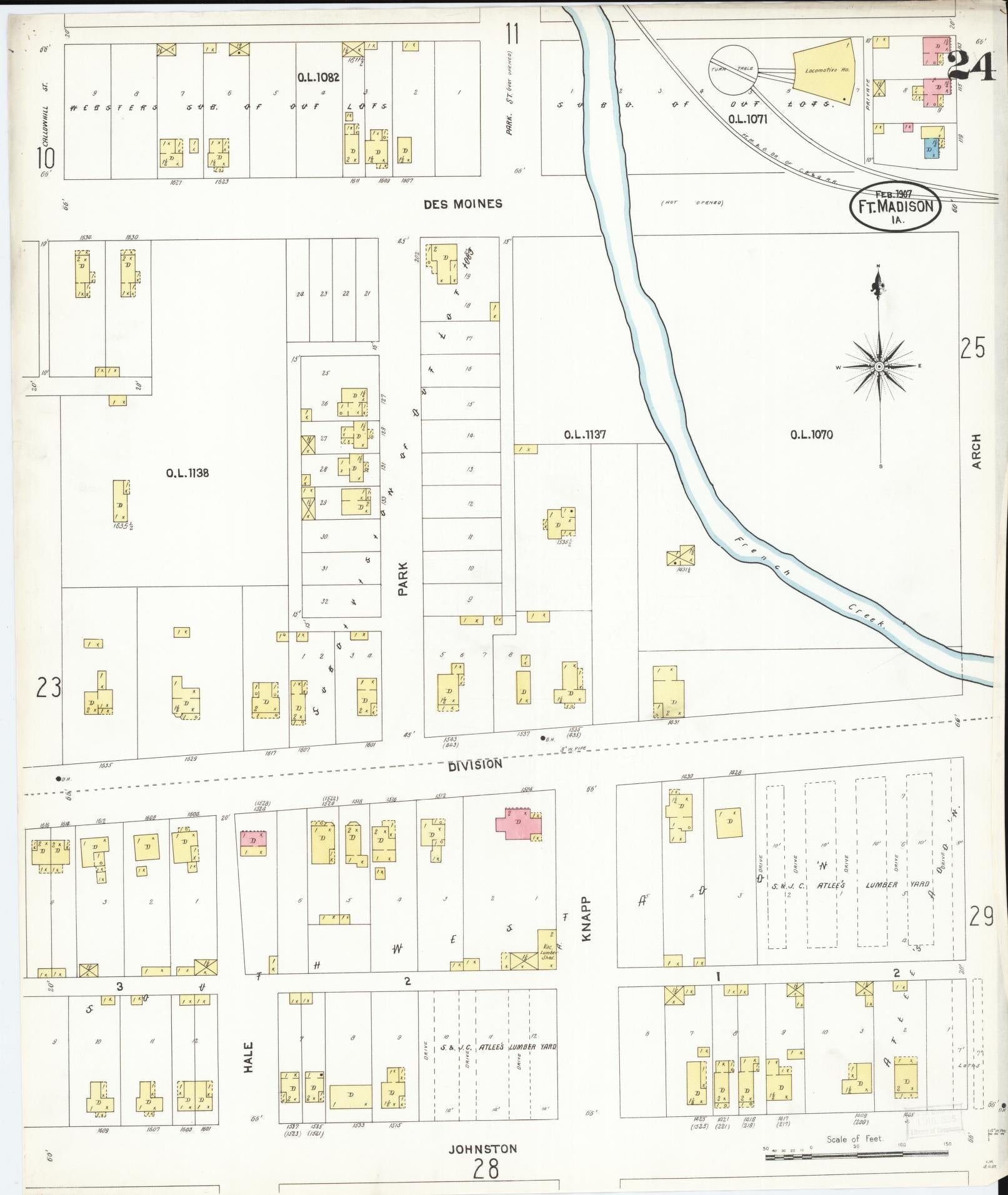 Sanborn Fire Insurance Map from Fort Madison, Lee County, Iowa (1907), Sheet #0024 - Historic Sanborn Fire Insurance Map Print, vintage old map wall art
