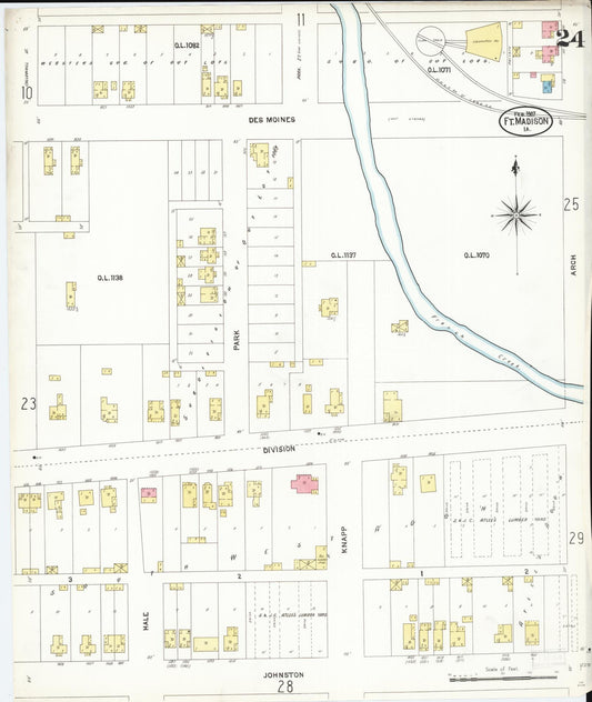 Sanborn Fire Insurance Map from Fort Madison, Lee County, Iowa (1907), Sheet #0024 - Historic Sanborn Fire Insurance Map Print, vintage old map wall art