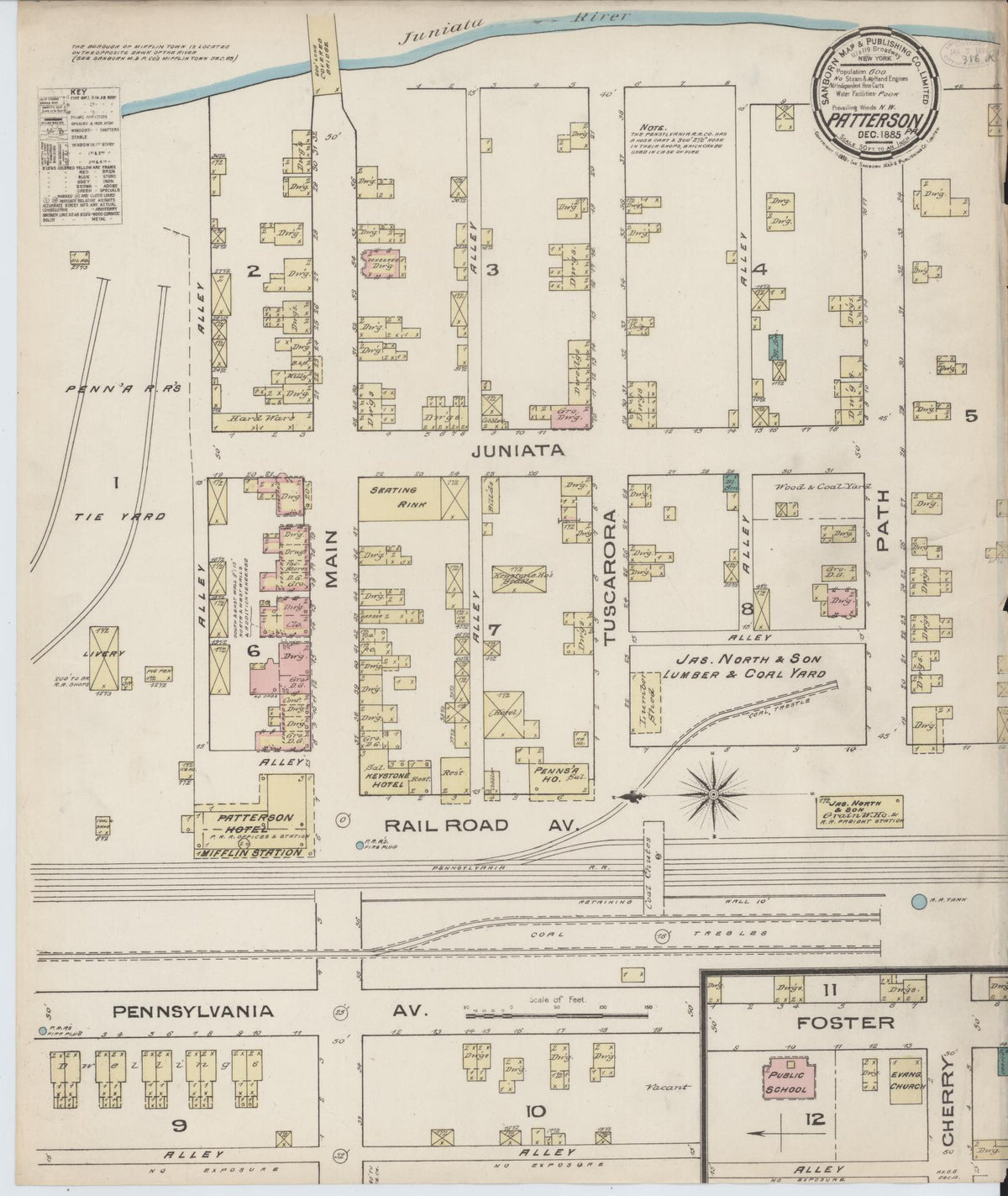 Sanborn Fire Insurance Map from Patterson, Juniata County, Pennsylvania (1885), Sheet #0001 - Historic Sanborn Fire Insurance Map Print, vintage old map wall art, antique decor, genealogy gift, Pennsylvania Pennsylvania map
