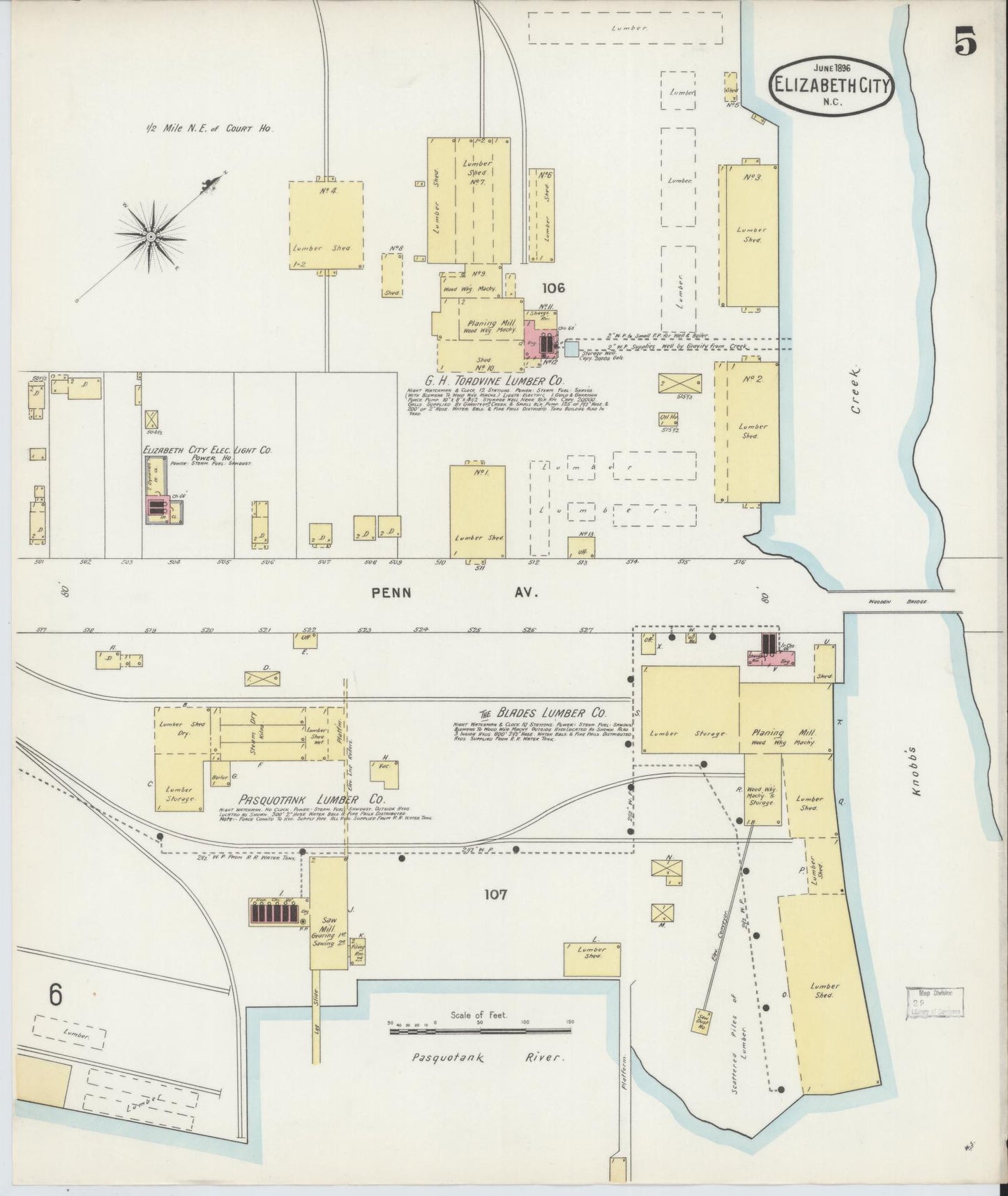 Sanborn Fire Insurance Map from Elizabeth City, Pasquotank County, North Carolina (1896), Sheet #0005 - Historic Sanborn Fire Insurance Map Print, vintage old map wall art, antique decor, genealogy gift, North Carolina North Carolina map