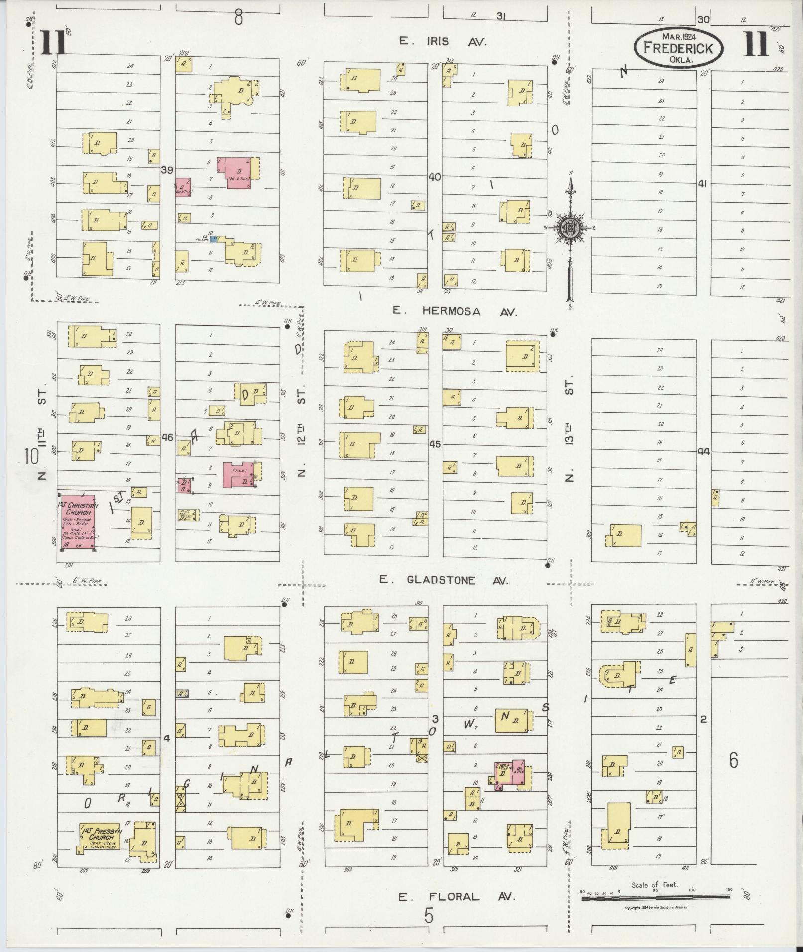 Sanborn Fire Insurance Map from Frederick, Tillman County, Oklahoma (1924), Sheet #0011 - Historic Sanborn Fire Insurance Map Print, vintage old map wall art, antique decor, genealogy gift, Oklahoma Oklahoma map