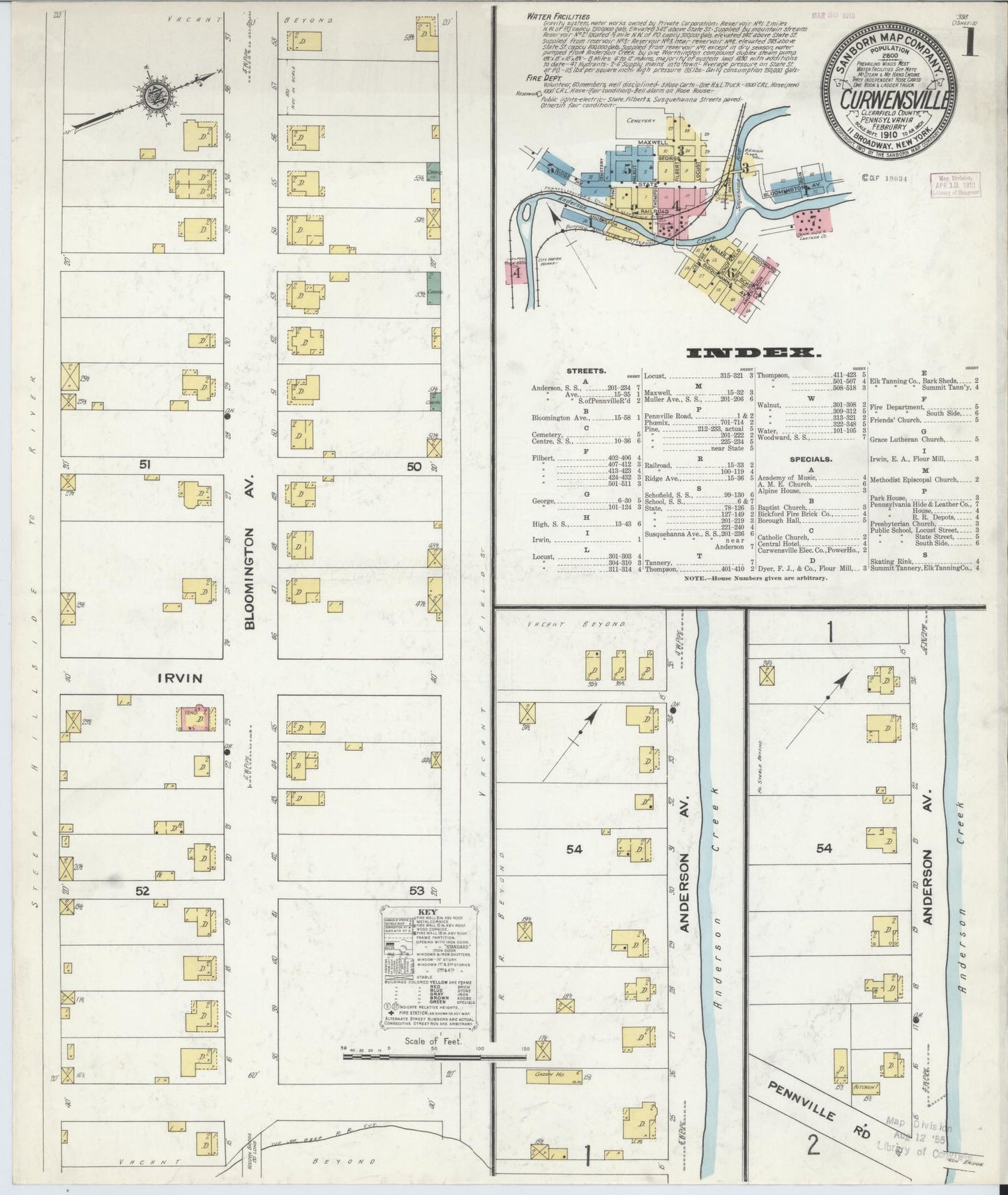 Sanborn Fire Insurance Map from Curwensville, Clearfield County, Pennsylvania (1910), Sheet #0001 - Historic Sanborn Fire Insurance Map Print, vintage old map wall art, antique decor, genealogy gift, Pennsylvania Pennsylvania map