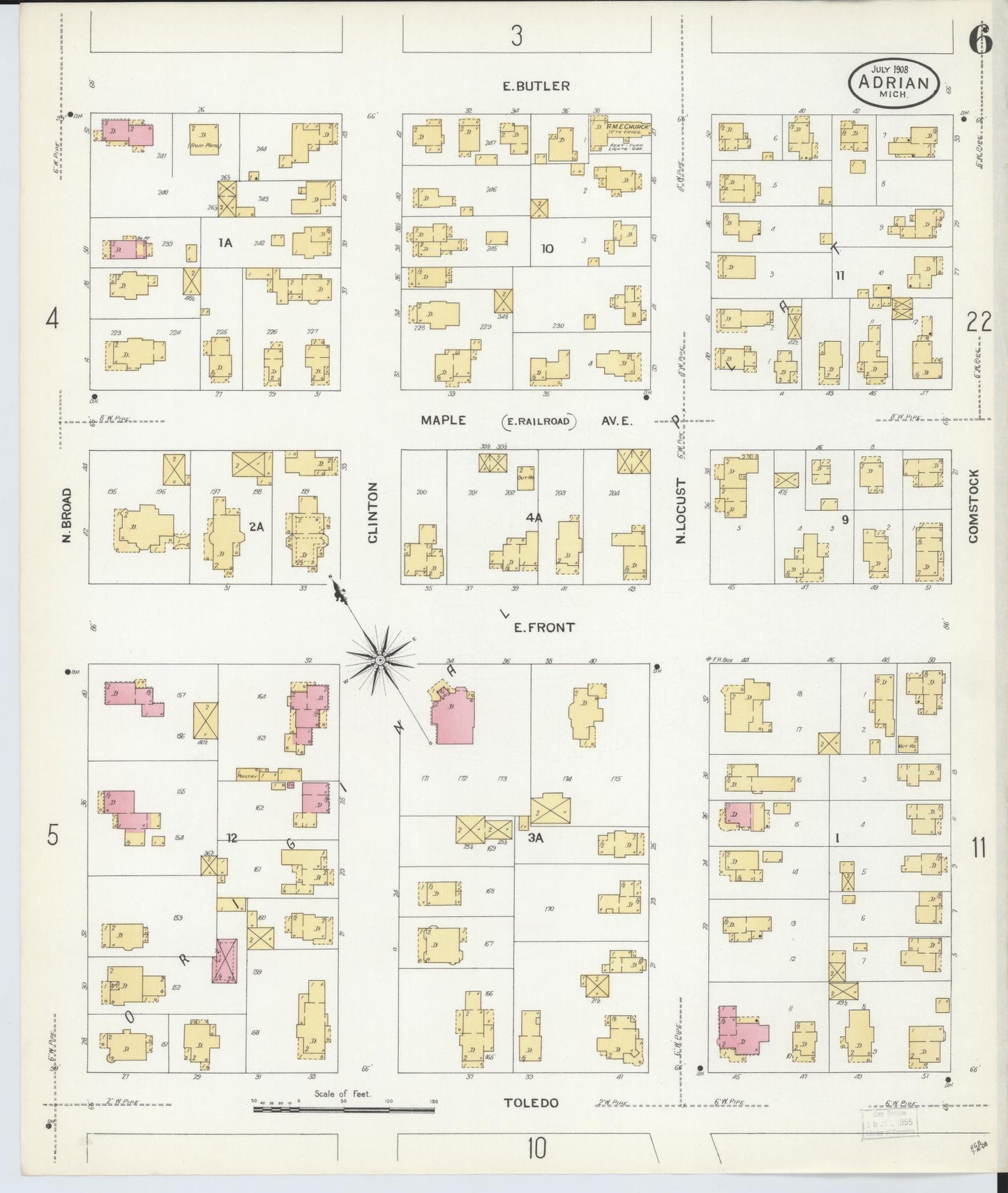 Sanborn Fire Insurance Map from Adrian, Lenawee County, Michigan (1908), Sheet #0006 - Complete Map Set gallery image, historic Sanborn map, vintage wall art, Michigan Michigan