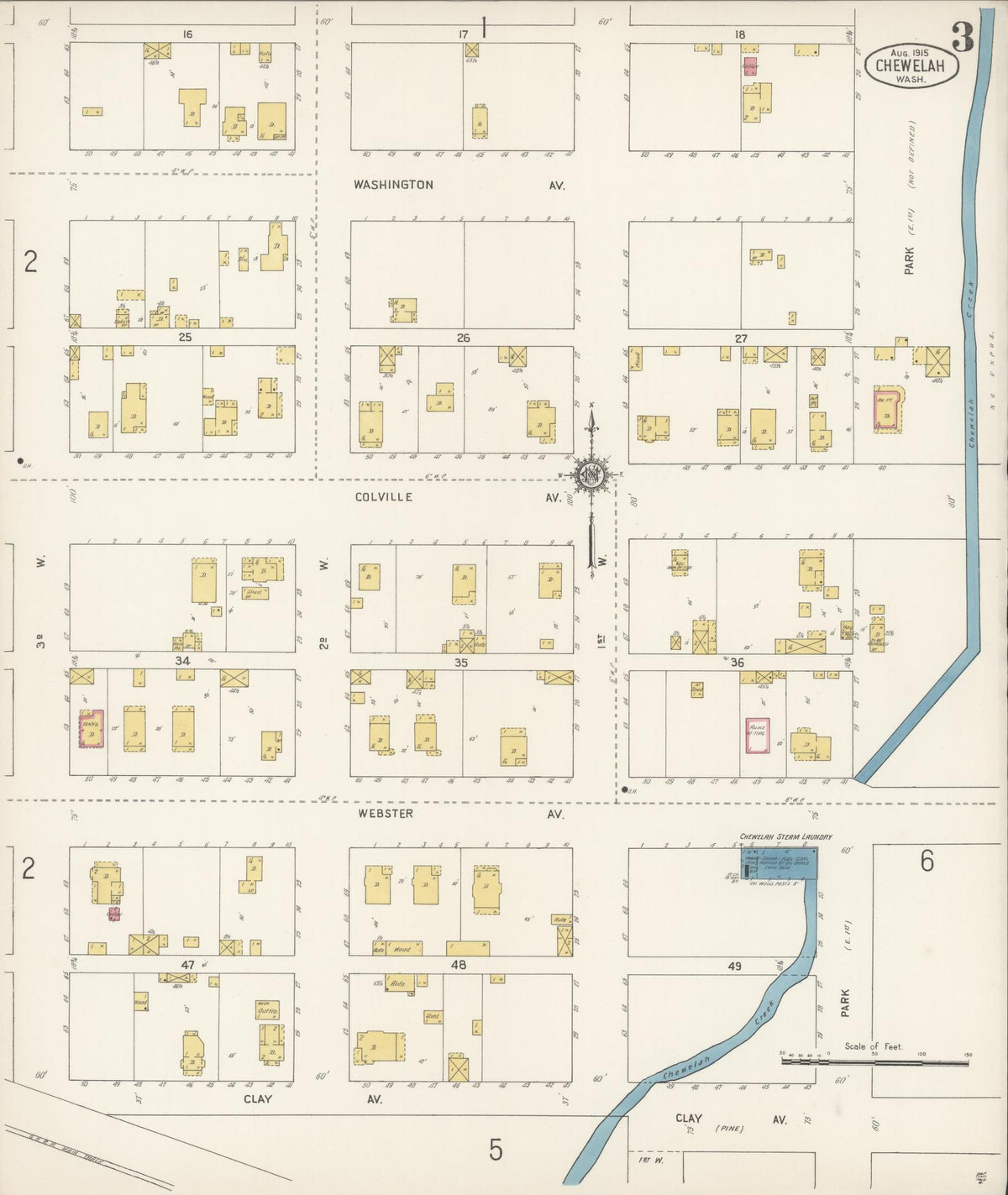 Sanborn Fire Insurance Map from Chewelah, Stevens County, Washington (1915), Sheet #0003 - Historic Sanborn Fire Insurance Map Print, vintage old map wall art, antique decor, genealogy gift, Washington Washington map