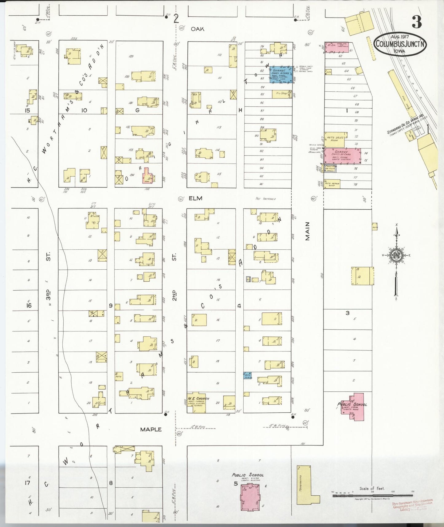 Sanborn Fire Insurance Map from Columbus Junction, Louisa County, Iowa (1917), Sheet #0003 - Historic Sanborn Fire Insurance Map Print, vintage old map wall art