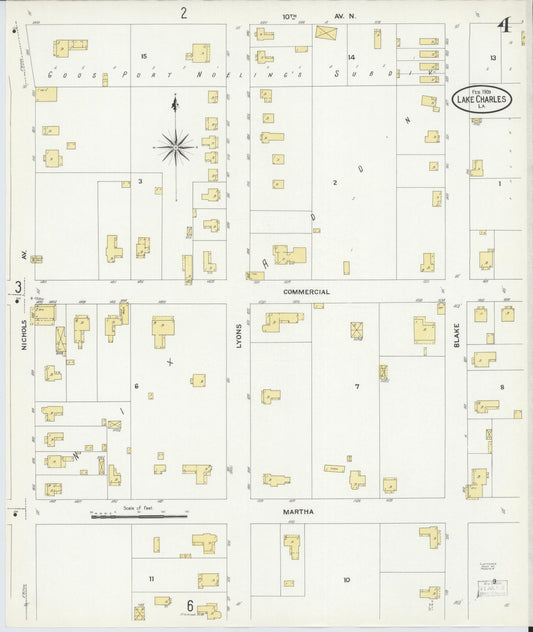 Sanborn Fire Insurance Map from Lake Charles, Calcasieu Parish, Louisiana (1909), Sheet #0004 - Historic Sanborn Fire Insurance Map Print, vintage old map wall art, antique decor, genealogy gift, Louisiana Louisiana map