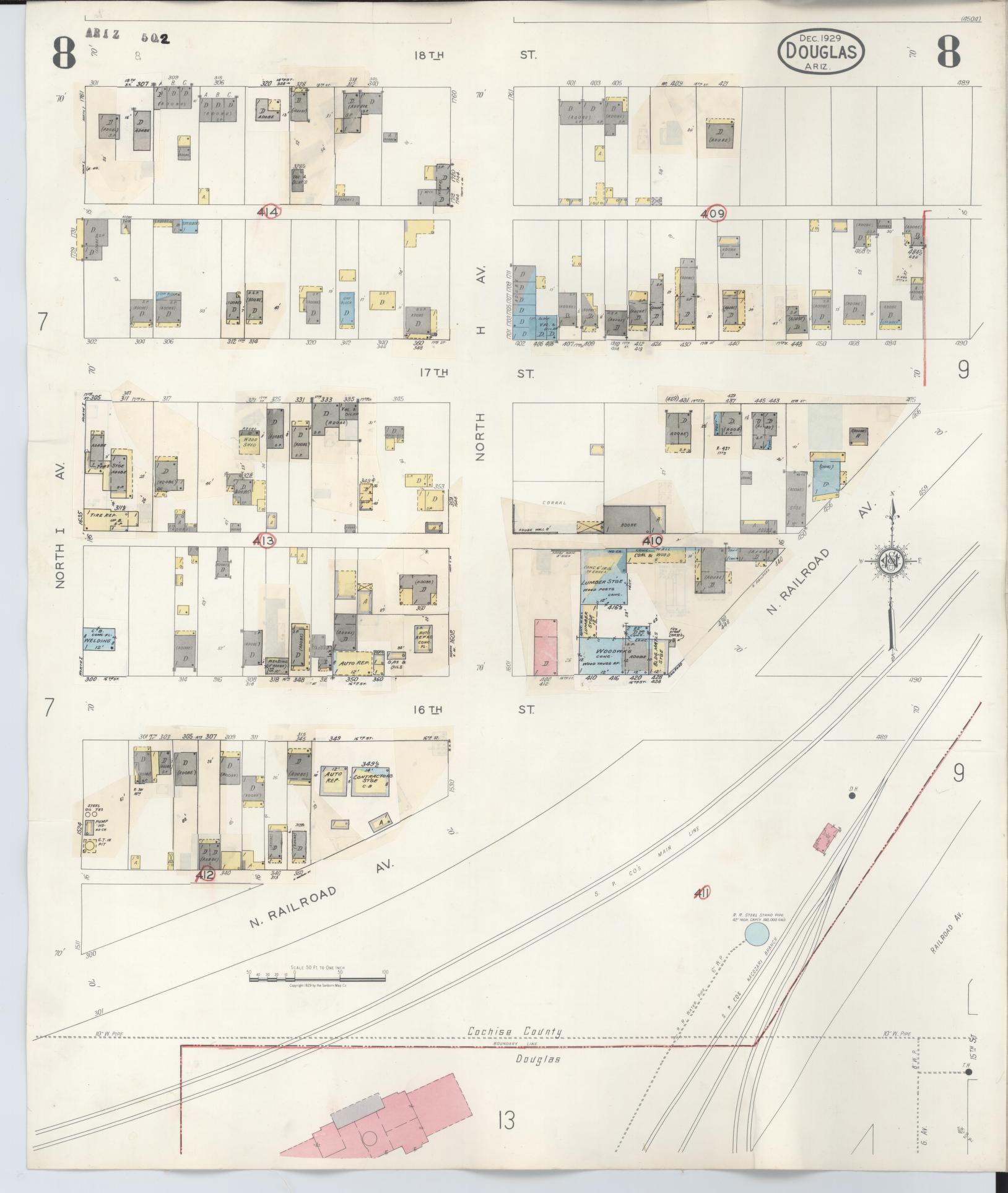 Sanborn Fire Insurance Map from Douglas, Cochise County, Arizona (1947), Sheet #0008 - Historic Sanborn Fire Insurance Map Print, vintage old map wall art, antique decor, genealogy gift, Arizona Arizona map