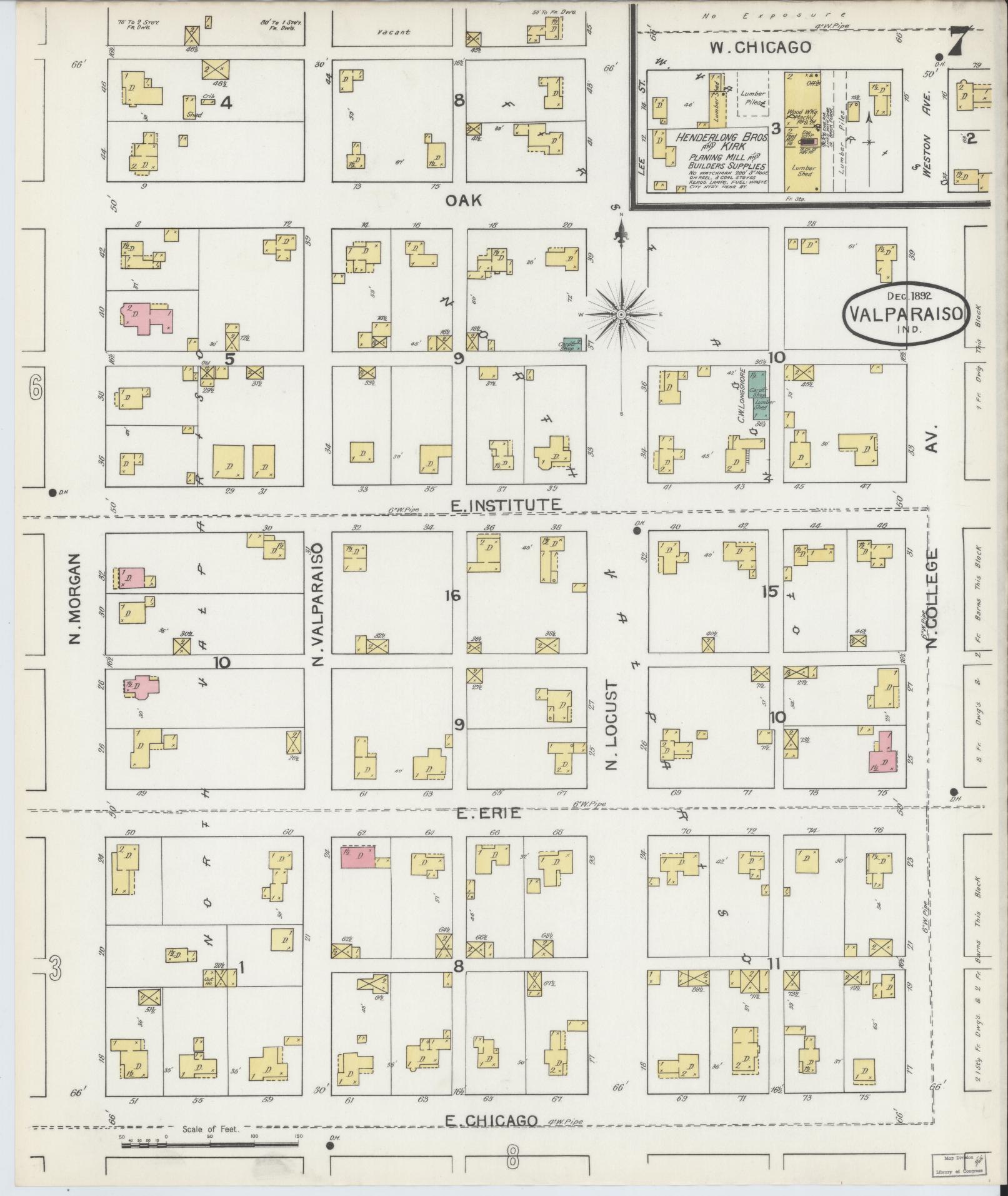 Sanborn Fire Insurance Map from Valparaiso, Porter County, Indiana (1892), Sheet #0007 - Historic Sanborn Fire Insurance Map Print, vintage old map wall art, antique decor, genealogy gift, Indiana Indiana map