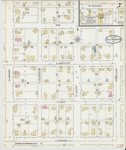 Sanborn Fire Insurance Map from Valparaiso, Porter County, Indiana (1892), Sheet #0007 - Historic Sanborn Fire Insurance Map Print, vintage old map wall art, antique decor, genealogy gift, Indiana Indiana map