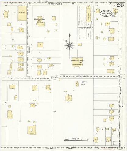 Sanborn Fire Insurance Map from Hollywood, Los Angeles County, California (1907), Sheet #0020 - Complete Map Set gallery image, historic Sanborn map, vintage wall art, California California