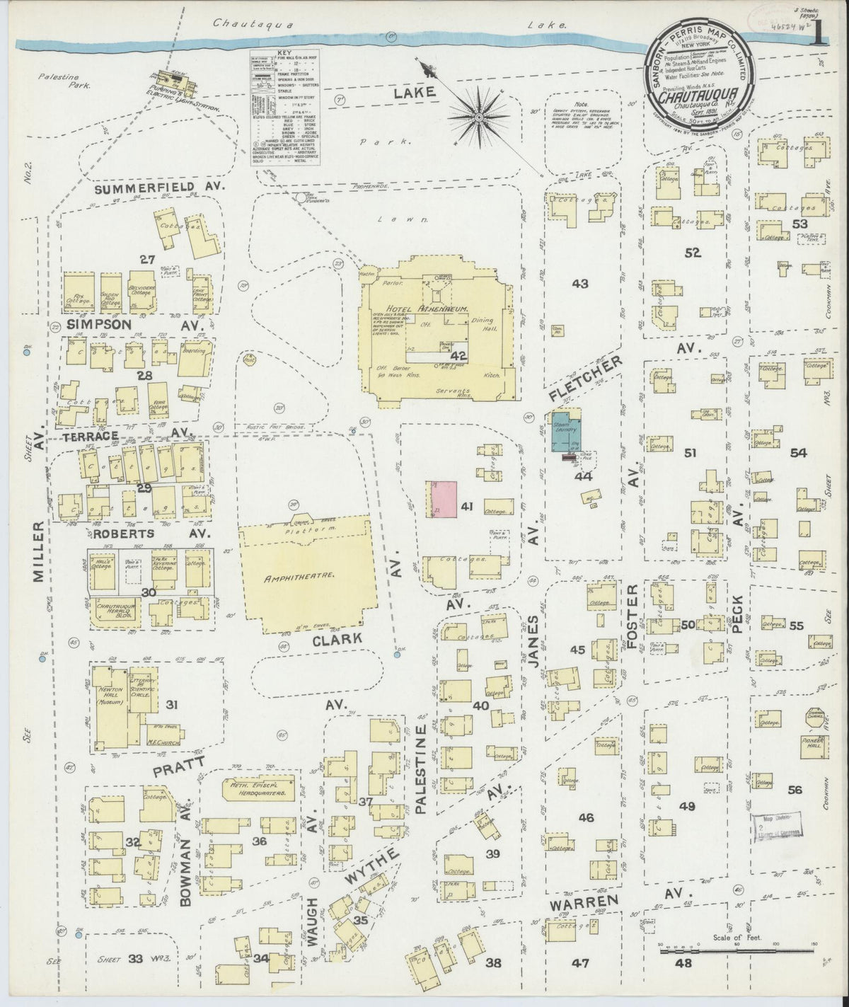 Sanborn Fire Insurance Map from Chautauqua, Chautauqua County, New York (1891), Sheet #0001 - Historic Sanborn Fire Insurance Map Print, vintage old map wall art, antique decor, genealogy gift, New York New York map