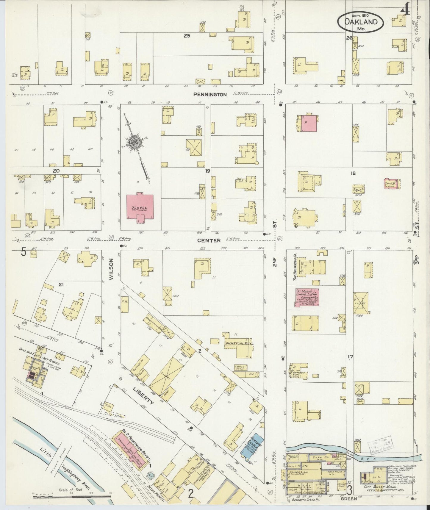 Sanborn Fire Insurance Map from Oakland, Garrett County, Maryland (1910), Sheet #0004 - Historic Sanborn Fire Insurance Map Print, vintage old map wall art, antique decor, genealogy gift, Maryland Maryland map