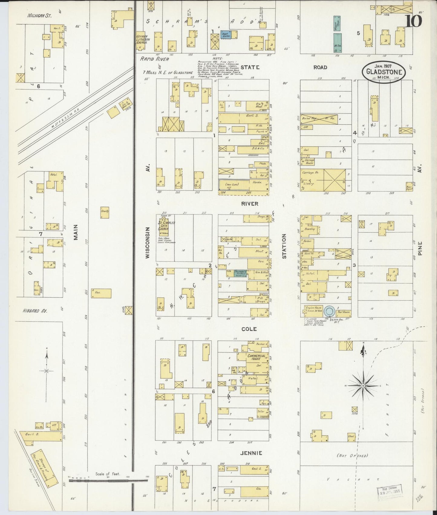 Sanborn Fire Insurance Map from Gladstone, Delta County, Michigan (1907), Sheet #0010 - Complete Map Set gallery image, historic Sanborn map, vintage wall art, Michigan Michigan