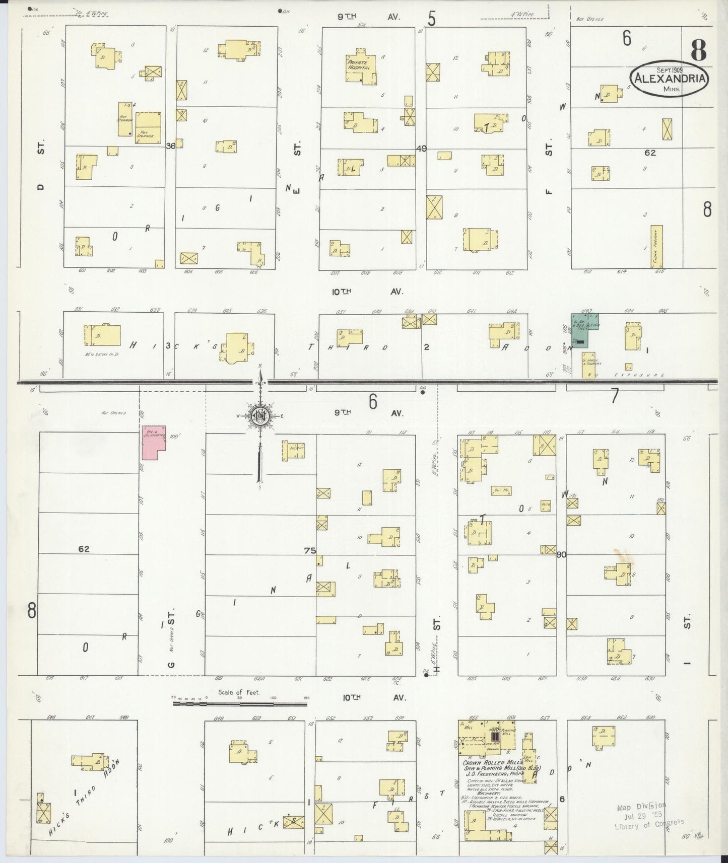 Sanborn Fire Insurance Map from Alexandria, Douglas County, Minnesota (1909), Sheet #0008 - Historic Sanborn Fire Insurance Map Print, vintage old map wall art, antique decor, genealogy gift, Minnesota Minnesota map