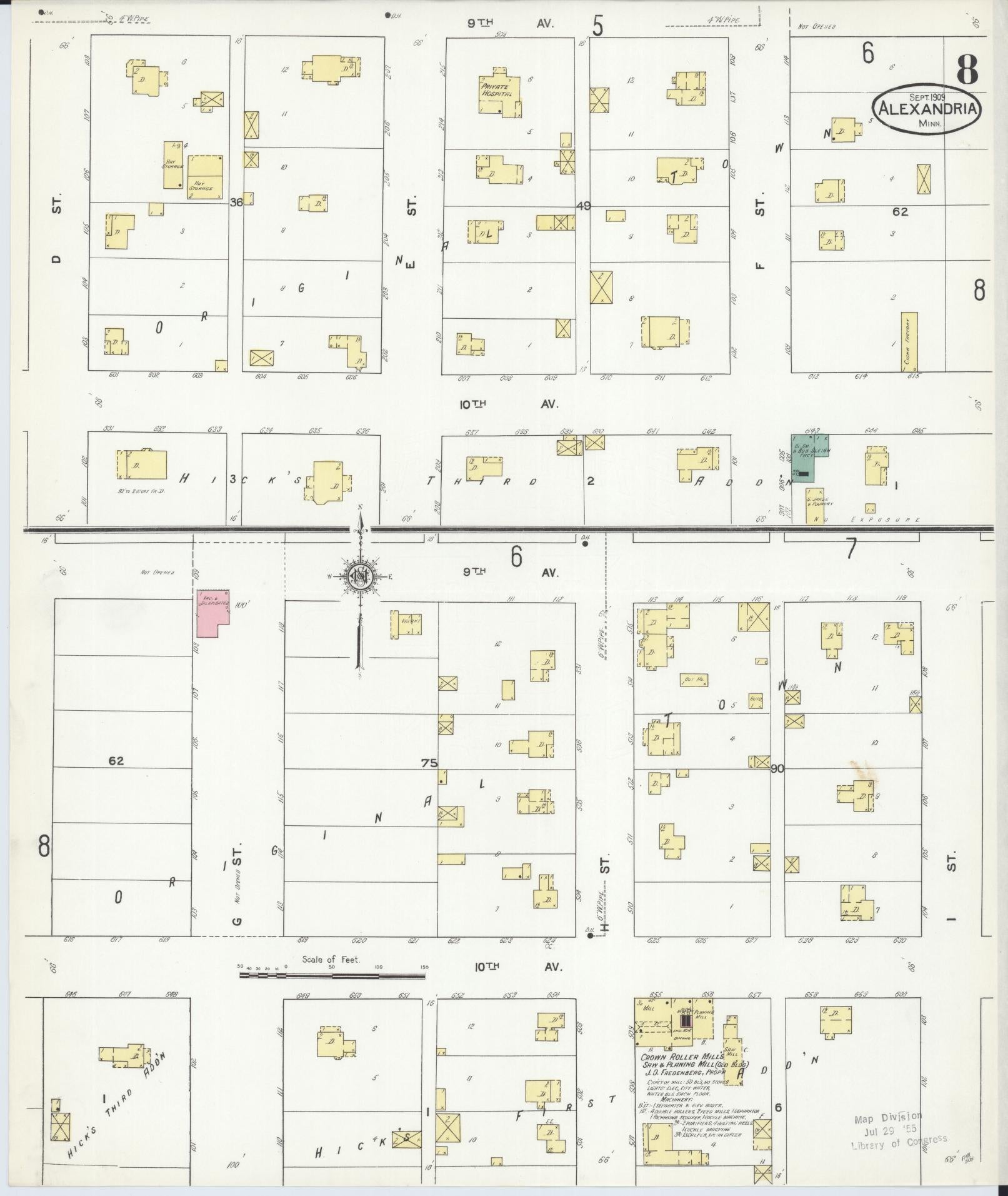 Sanborn Fire Insurance Map from Alexandria, Douglas County, Minnesota (1909), Sheet #0008 - Historic Sanborn Fire Insurance Map Print, vintage old map wall art, antique decor, genealogy gift, Minnesota Minnesota map