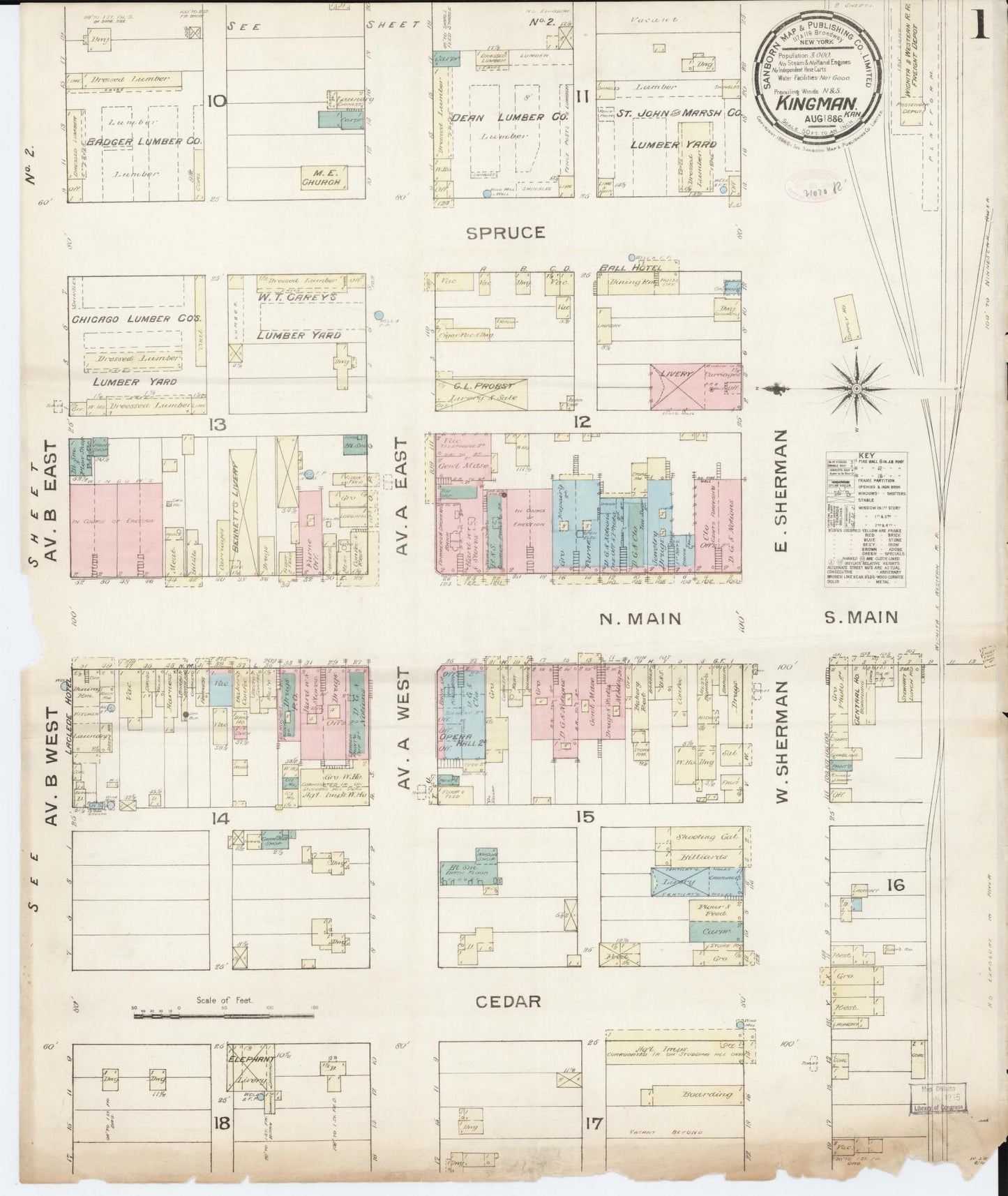 Sanborn Fire Insurance Map from Kingman, Kingman County, Kansas (1886), Sheet #0001 - Complete Map Set gallery image, historic Sanborn map, vintage wall art, Kansas Kansas