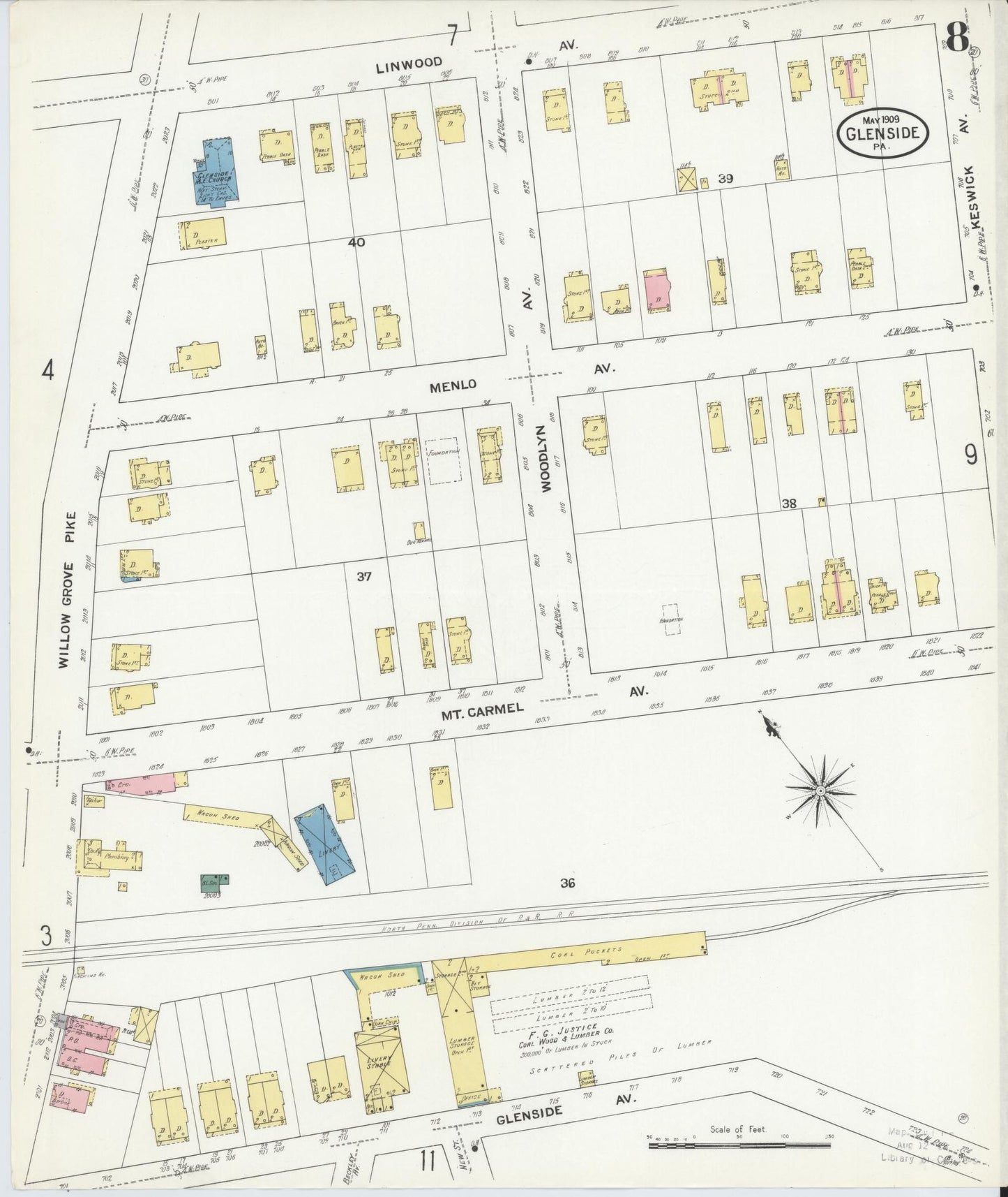 Sanborn Fire Insurance Map from Glenside, Montgomery County, Pennsylvania (1909), Sheet #0008 - Historic Sanborn Fire Insurance Map Print, vintage old map wall art, antique decor, genealogy gift, Pennsylvania Pennsylvania map