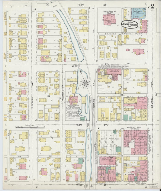 Sanborn Fire Insurance Map from Connersville, Fayette County, Indiana (1896), Sheet #0002 - Historic Sanborn Fire Insurance Map Print, vintage old map wall art, antique decor, genealogy gift, Indiana Indiana map