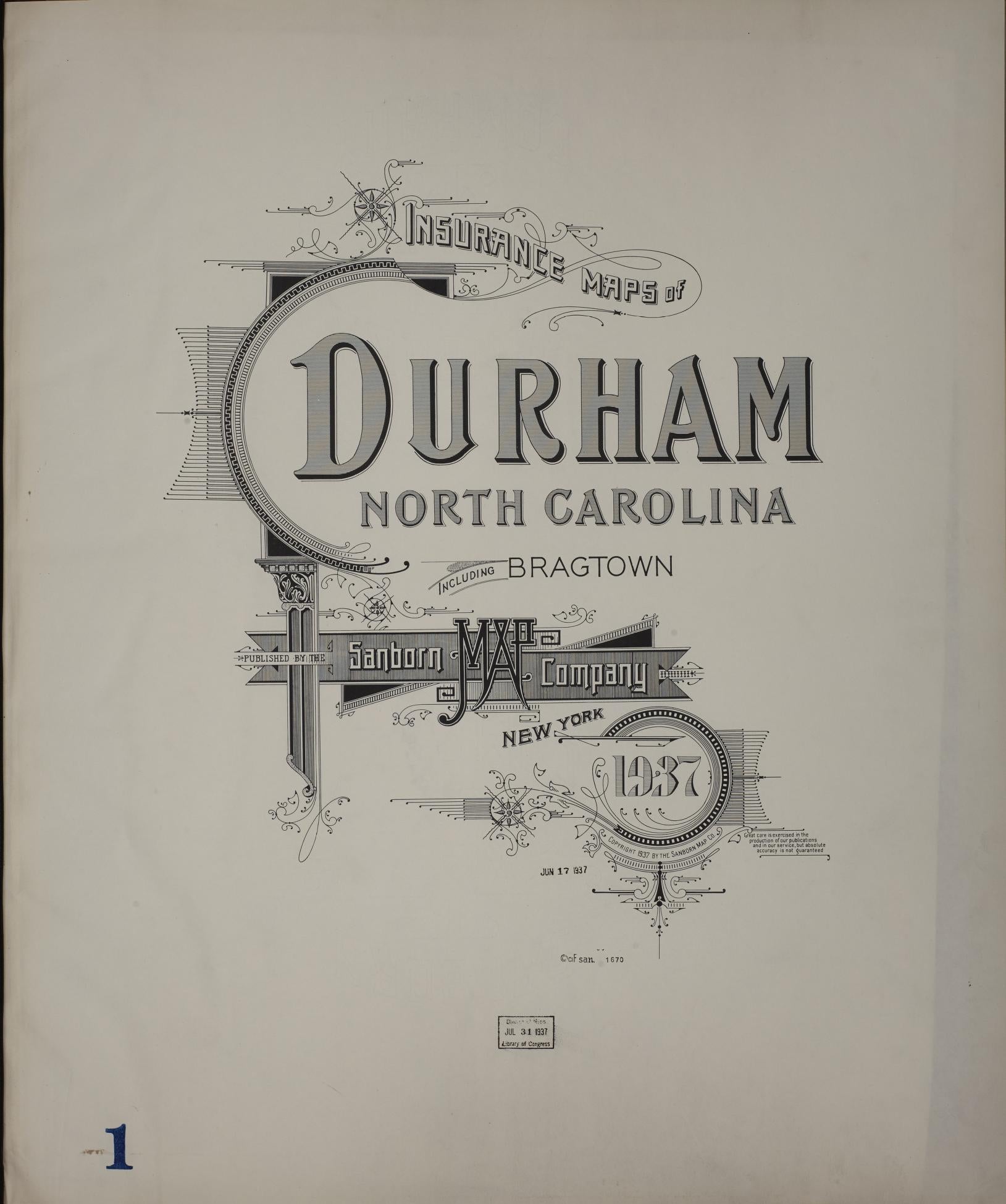 Sanborn Fire Insurance Map from Durham, Durham County, North Carolina (1937), Sheet #0001 - Historic Sanborn Fire Insurance Map Print, vintage old map wall art, antique decor, genealogy gift, North Carolina North Carolina map